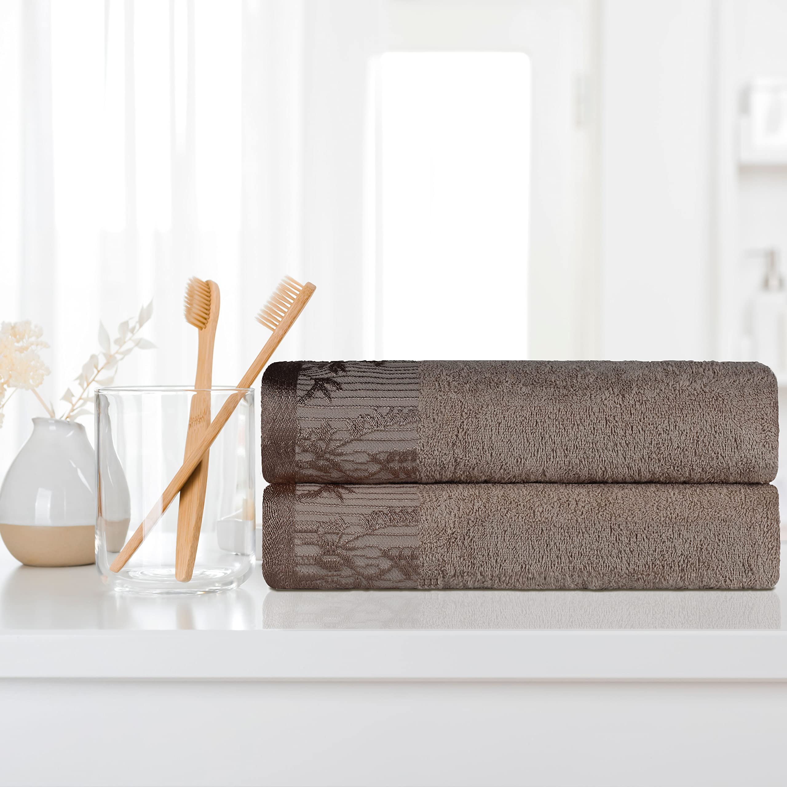 Premium Cotton Bath Towels Set of 2 - Floral Jacquard Dobby Border, Soft Absorbent Bath & Body Towels for Adults & Kids | Perfect for Bathroom, Spa, Resort, Hotel, Airbnb & Home Essentials | Wisteria Collection in Frappe Brown