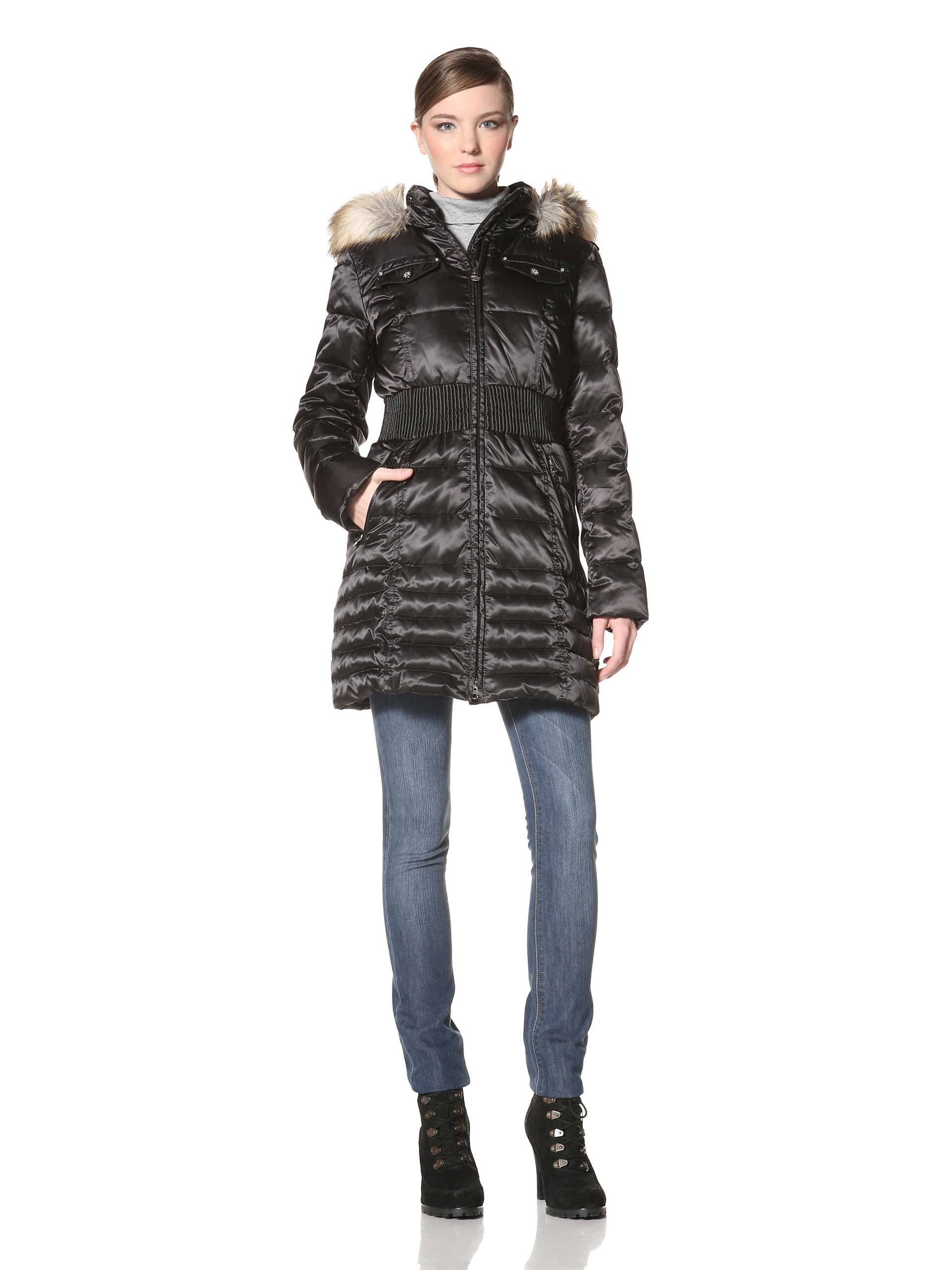 Shelli Segal Women's Quilted Smocking Waist Down Coat - Warm Winter Jacket for Women, Water-Resistant Long Puffer Coat with Hood - Perfect for Cold Weather, Outdoor Activities & Daily Commute