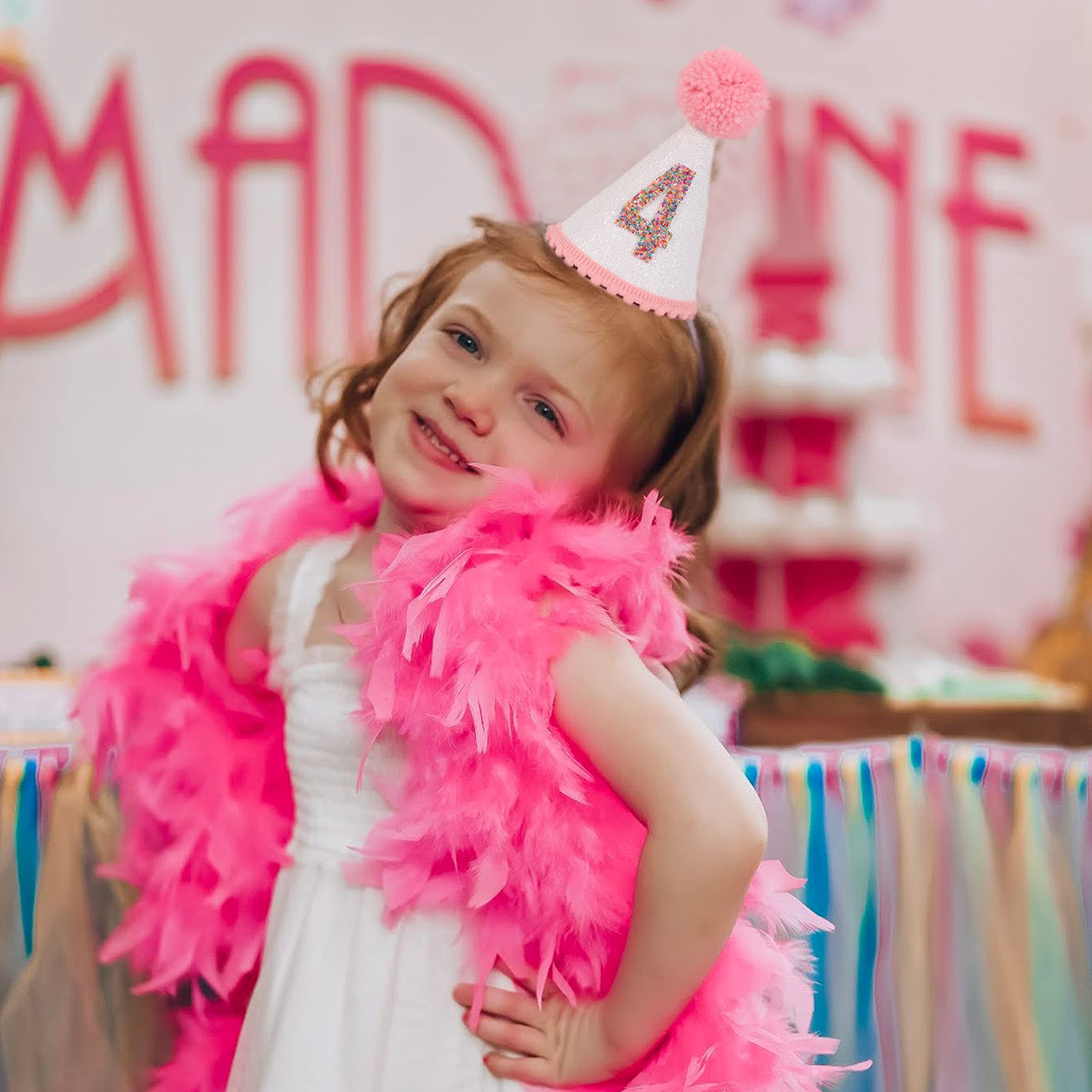 Sparkly Pink Glitter Birthday Hat for Girls with Pom Topper - Cute Party Hat for Birthday Celebrations, Princess Theme Parties & Special Occasions