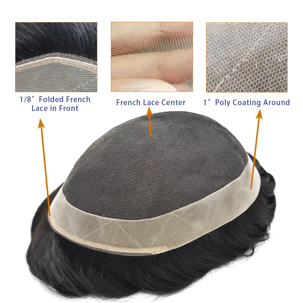100% European Remy Human Hair Toupee for Men - Undetectable Hair Replacement System for Hair Loss - 8''X10'' 1B# Off Black - 120% Medium Light to Medium Density - Perfect for Daily Wear, Special Occasions & Confidence Boosting