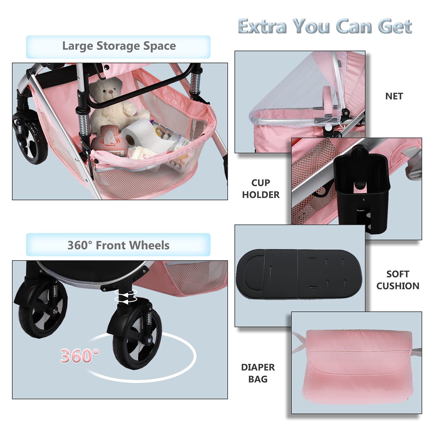 Kinder King 2 in 1 Convertible Baby Stroller - Lightweight Folding Travel Stroller with Reversible Bassinet & Adjustable Canopy | Includes Diaper Bag | Perfect for Newborns & Infants (Pink) | Ideal for Shopping, Travel & Daily Walks