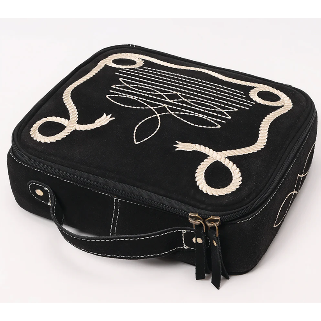 American Darling Black Boot Stitch Jewelry Case - Vintage Leather Jewelry Organizer for Women | Perfect for Travel, Home Storage & Gift Giving