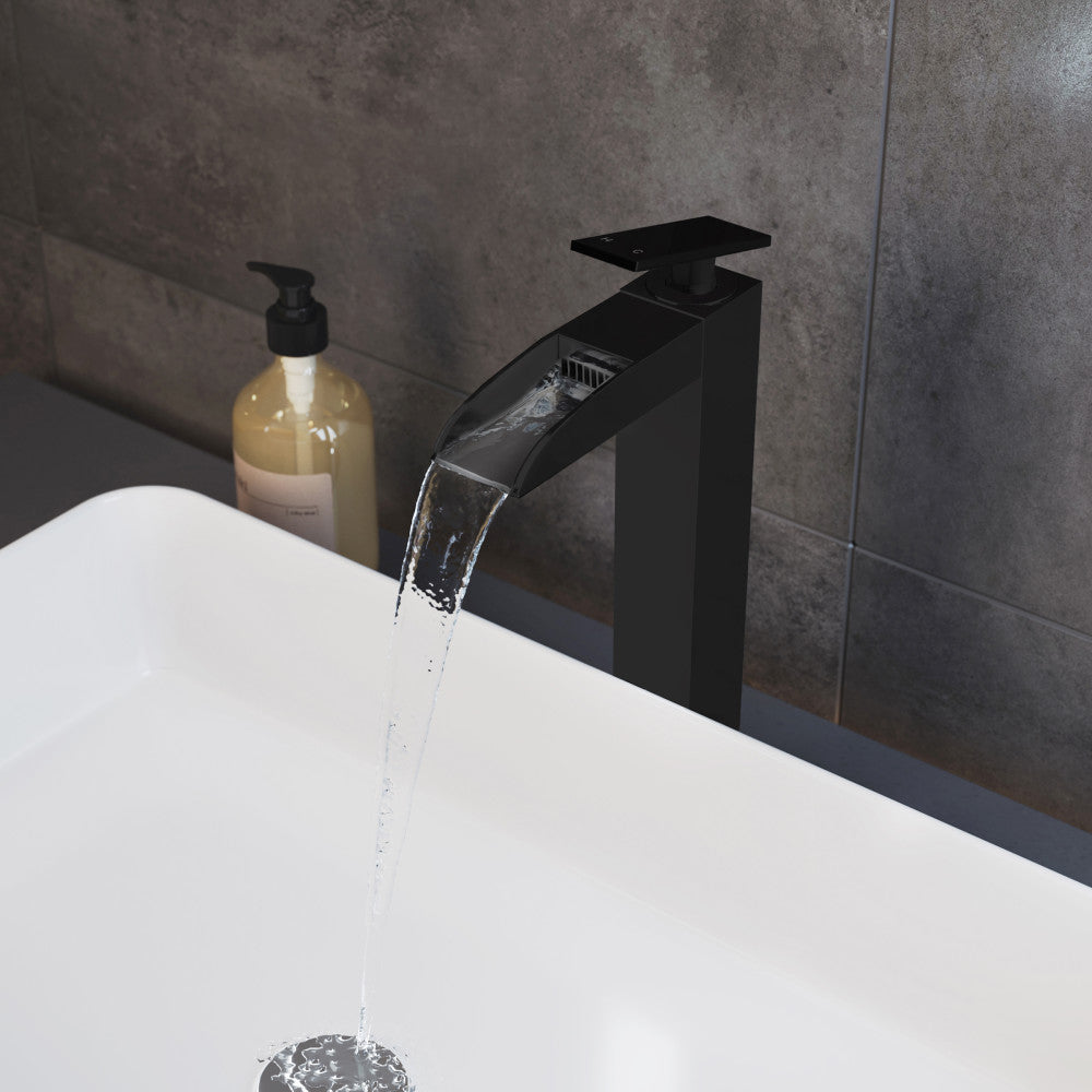 Matte Black Single Hole Single Handle High Arc Waterfall Bathroom Faucet - Modern Bathroom Sink Faucet for Vanity, Powder Room & Guest Bath