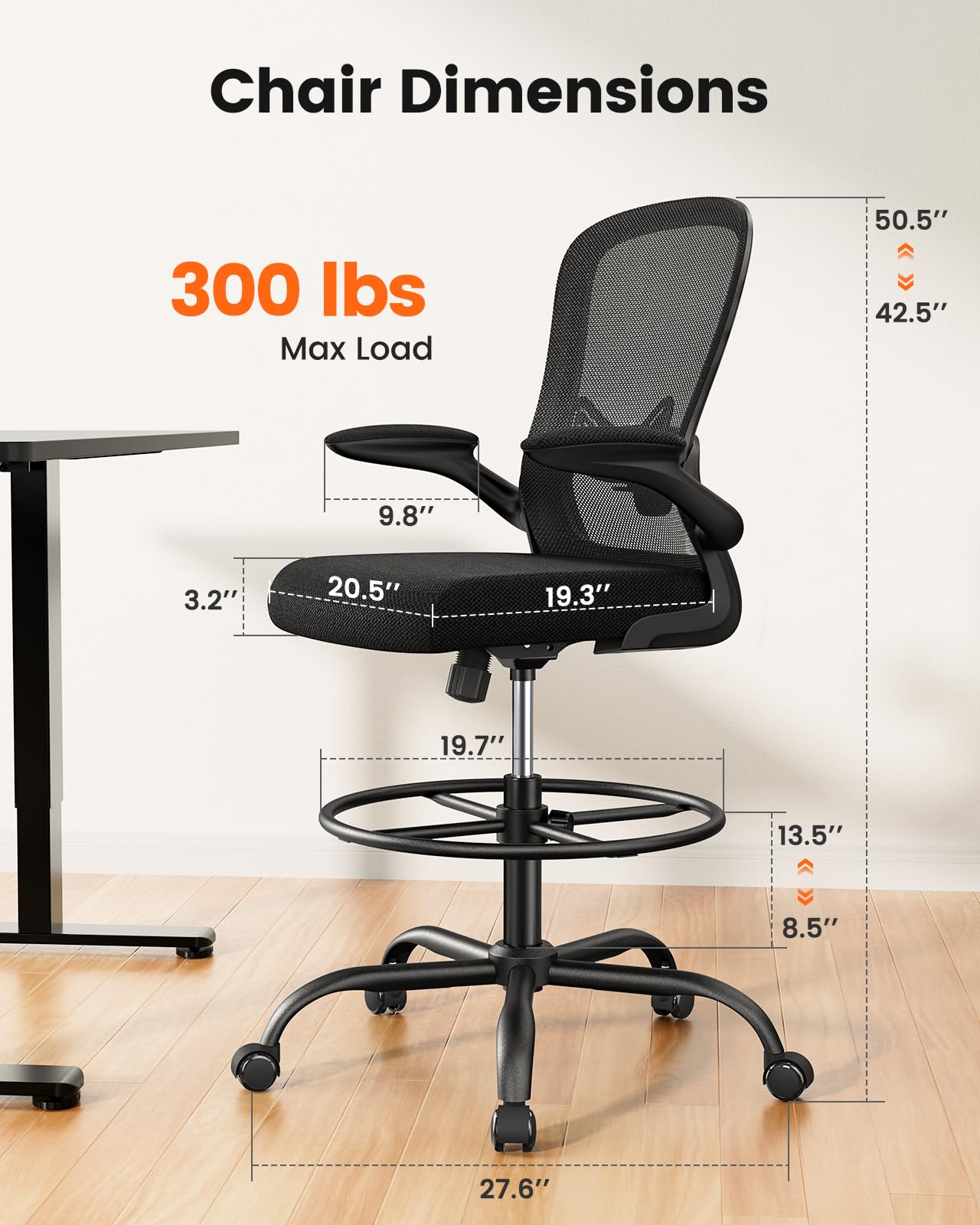 ErGear Adjustable Drafting Chair with Flip-Up Armrests & Footrest - Ergonomic High Desk Chair for Standing Desks - Office Chair with Lumbar Support - Perfect for Artists, Architects & Home Office Workspaces