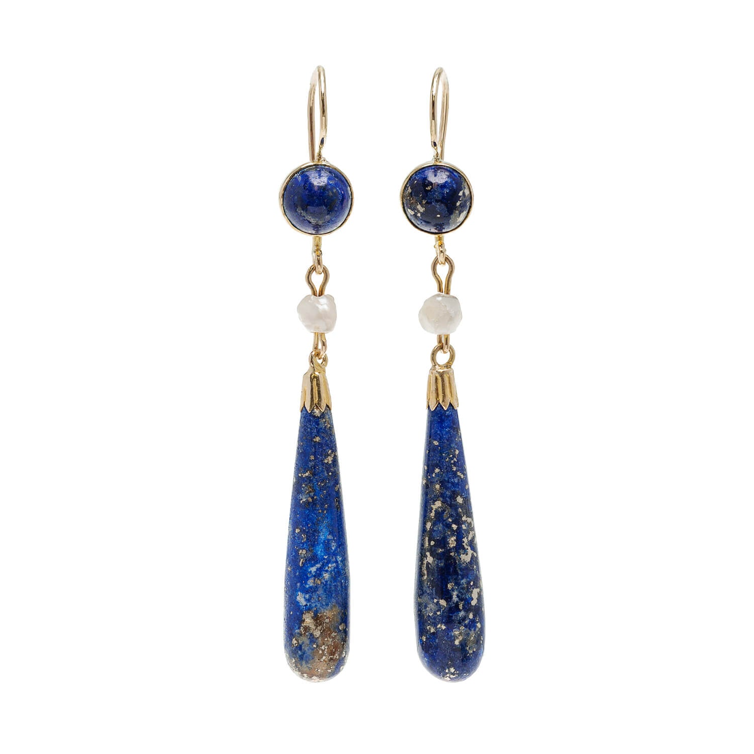 Victorian Style 14k Gold Lapis Lazuli and Pearl Dangle Earrings - Elegant Vintage Jewelry for Weddings, Parties & Special Occasions