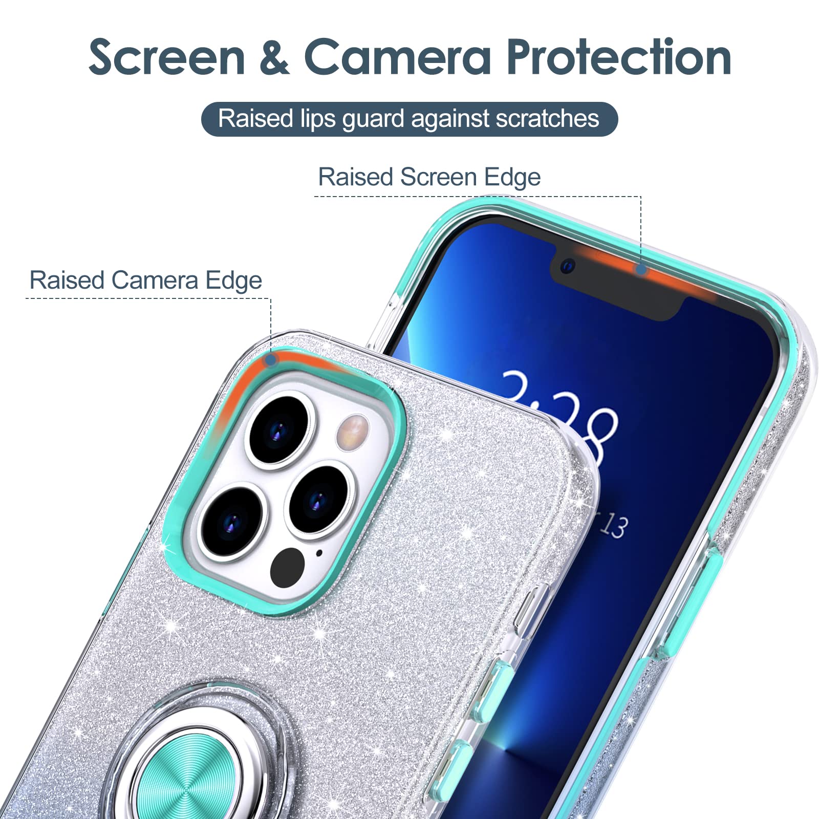 Hython iPhone 13 Pro Case with 360° Rotatable Magnetic Ring Stand & Kickstand - Sparkly Glitter Hybrid Phone Cover for Women, Car Mount Compatible - Perfect for Work, Travel & Daily Use (Blue)