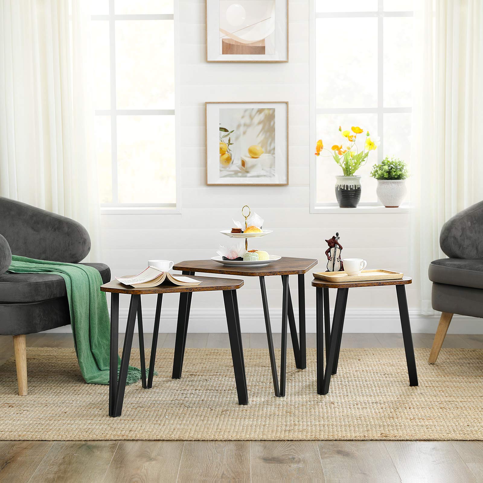 VASAGLE 3-Piece Nesting Coffee Table Set, Industrial Style Stacking End Tables for Living Room - Sturdy Steel Frame, Easy Assembly, Rustic Brown & Black LNT14BX | Perfect for Small Spaces, Modern Home Decor & Coffee Table Organization