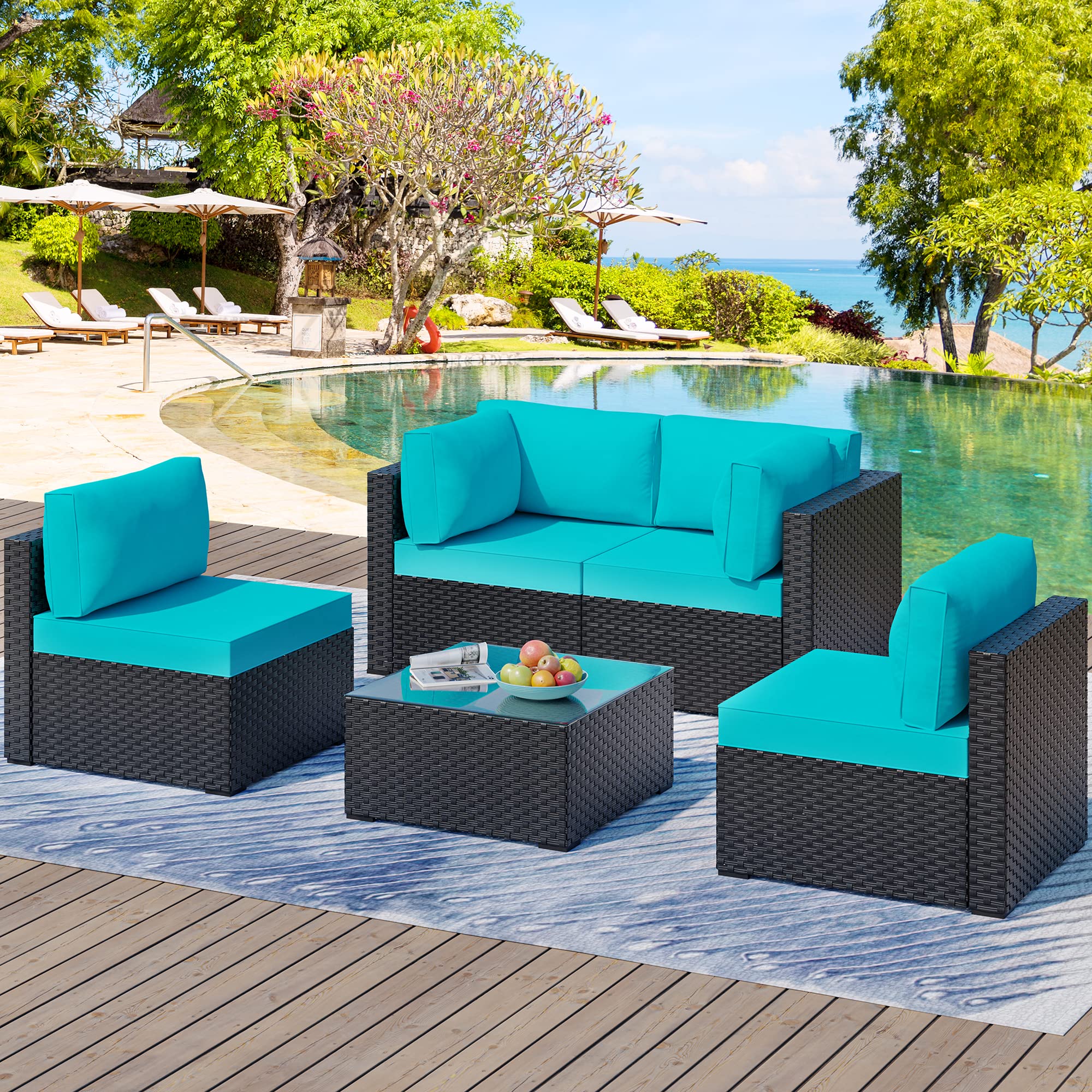 Walsunny 5-Piece All-Weather Outdoor Patio Furniture Set - Rattan Wicker Sectional Sofa with Glass Coffee Table & Cushions (Blue) - Perfect for Backyard, Garden, Poolside & Terrace Relaxation