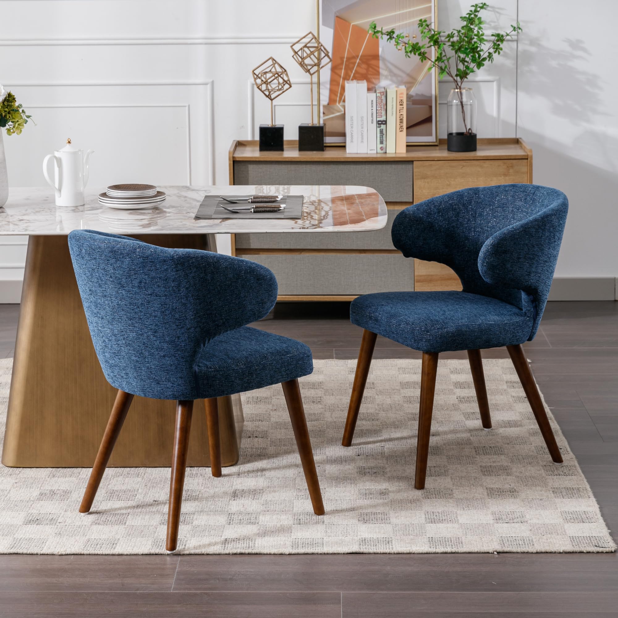 Wahson Set of 2 Modern Dining Chairs - Curved Armless Chenille Upholstered Chairs with Sturdy Hardwood Legs for Kitchen, Dining Room, Living Room - Navy Blue Home Decor - Perfect for Small Spaces, Breakfast Nooks & Contemporary Dining Areas