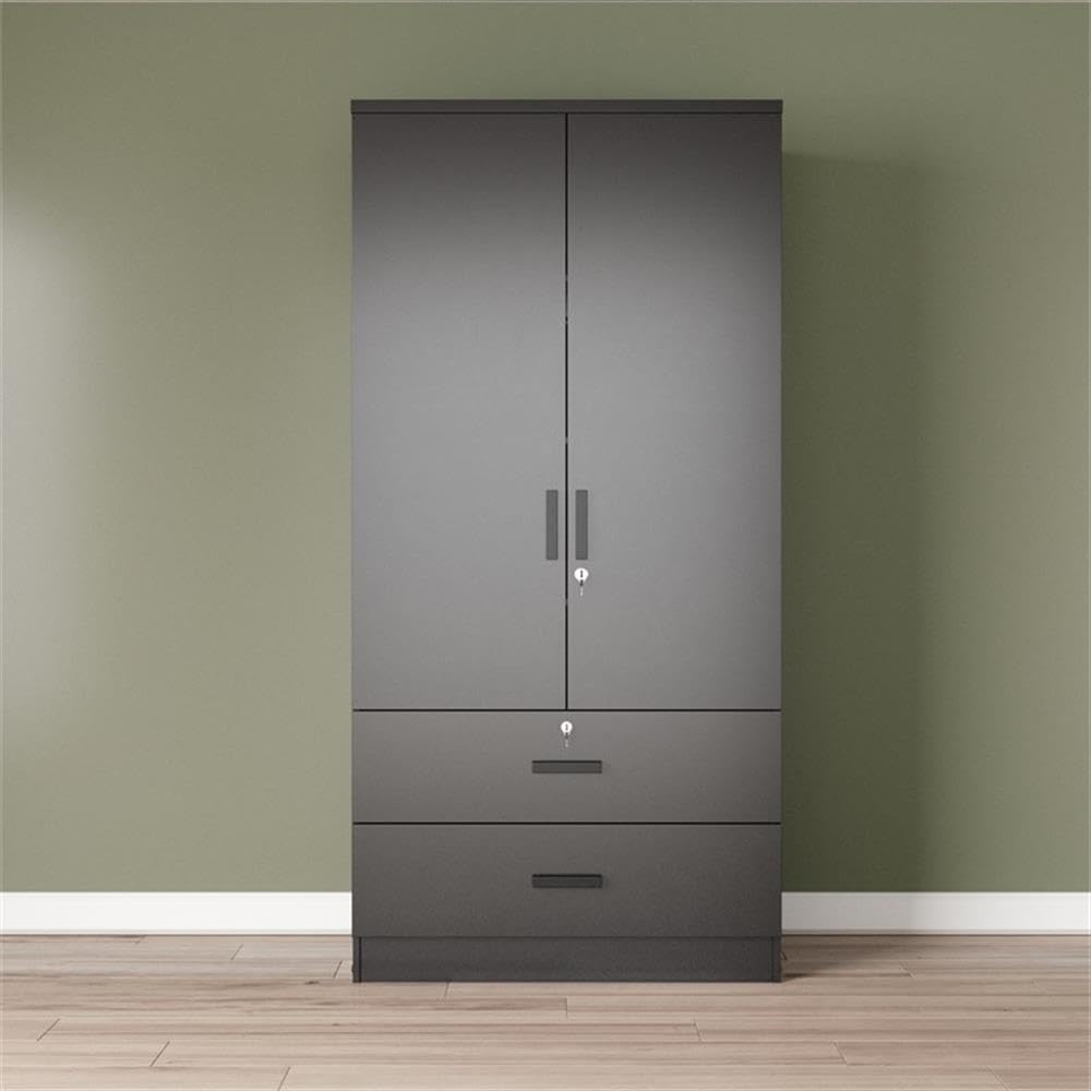 Better Home Products Grace Wood 2-Door Wardrobe Armoire with 2 Drawers - Black Wooden Closet for Bedroom Storage & Organization