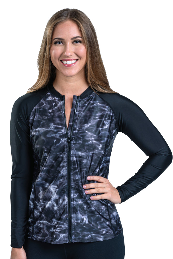 Women's UPF50+ Full Zip Rash Guard Long Sleeve Swim Shirt with Thumb Holes - Aqua Design | Sun Protection for Surfing, Swimming & Water Sports