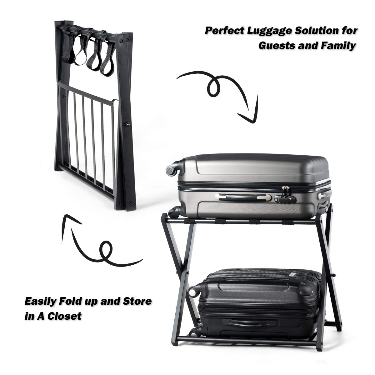 Tangkula 3-Pack Folding Luggage Rack with Storage Shelf - 2-Tier Suitcase Stand with Durable Straps & Protective Cover - Space-Saving Large Luggage Holder for Bedroom, Guest Room, Hotel & Travel Use (Black)