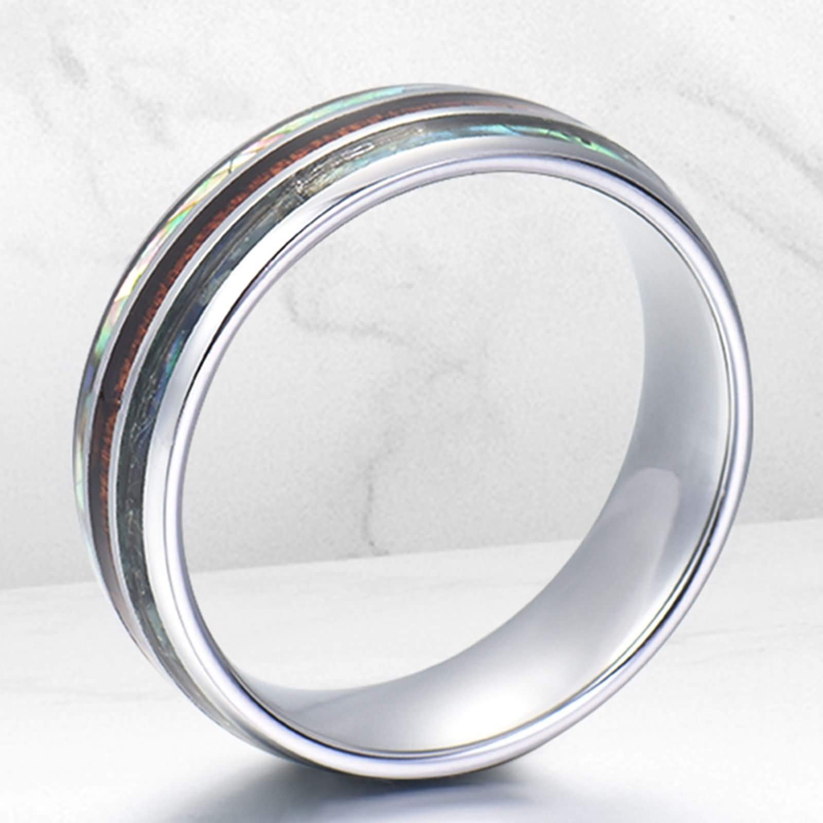 Tungsten Engagement Ring for Men - 8MM Abalone & Wood Inlay, Personalized Silver Band, Sizes 6-14 - Perfect for Proposals, Weddings & Anniversary Gifts