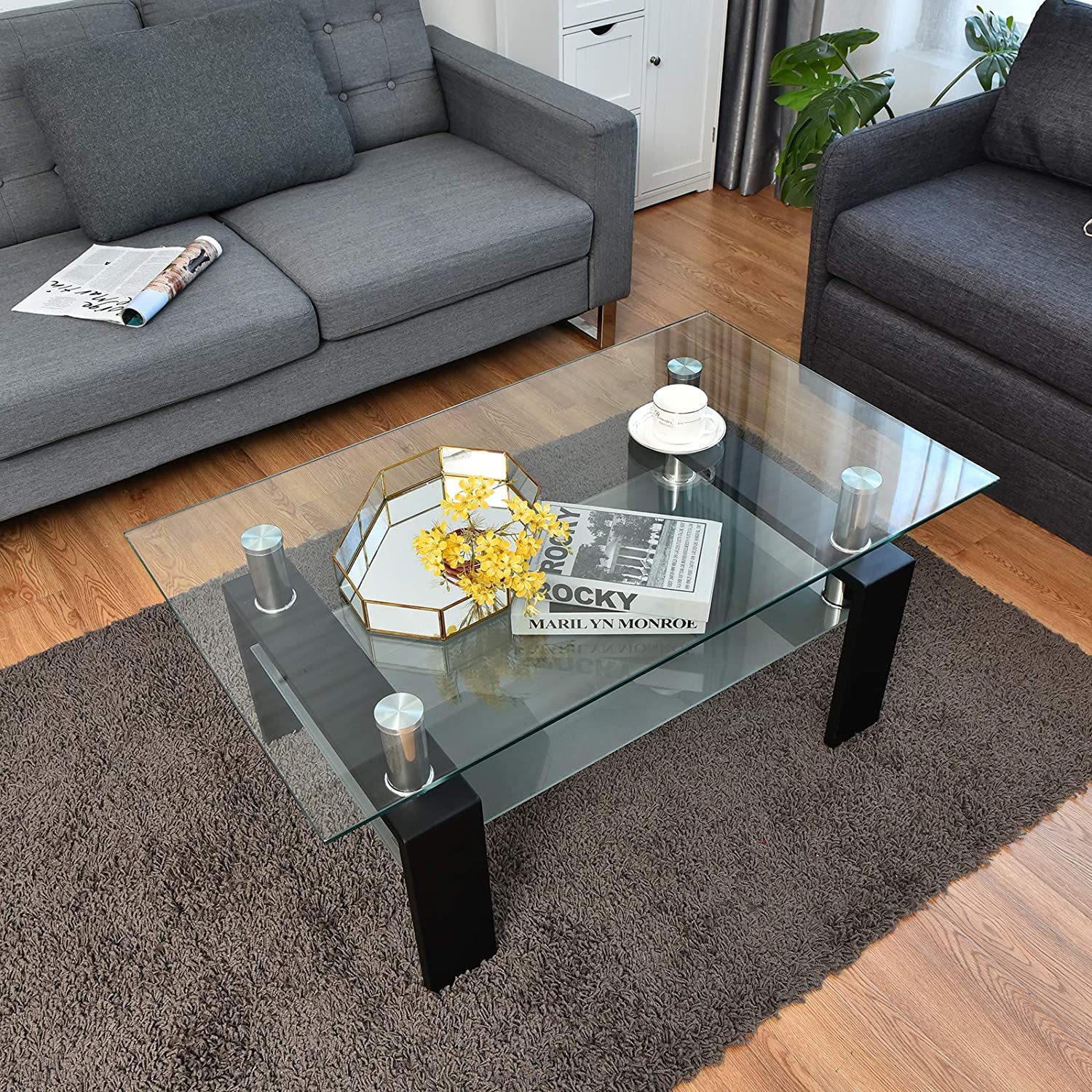 Modern Rectangle Tempered Glass Coffee Table with Sturdy Metal Legs - Perfect for Living Room, Home Office & Conversation Areas - Durable Glass End Table for Leisure & Entertainment Spaces