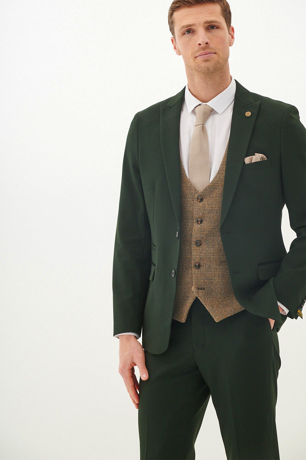 BROMLEY Olive Green Check Suit with Kris Tan Tweed Waistcoat - Stylish Men's Formal Attire for Weddings, Business Meetings & Special Occasions