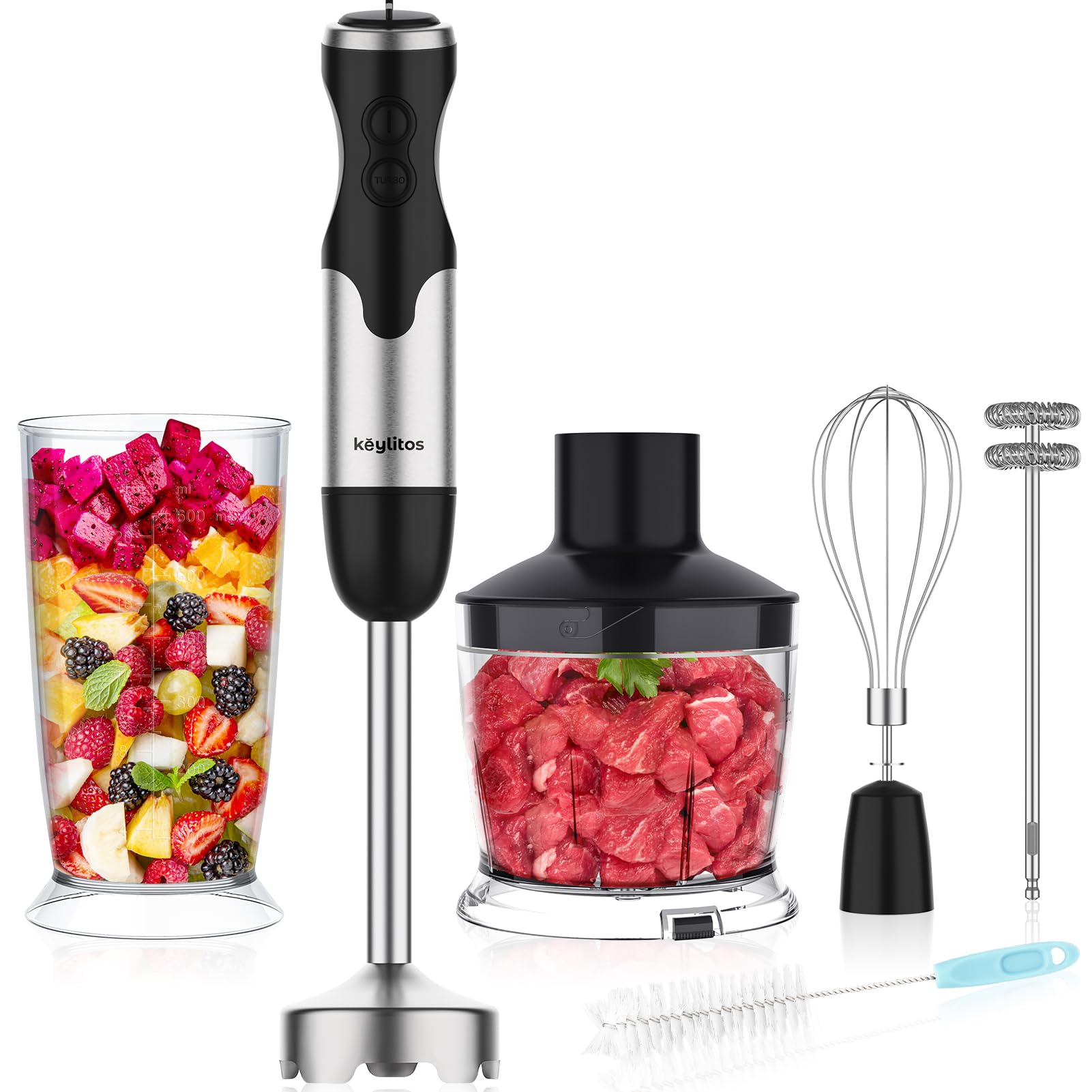 Keylitos 5-in-1 Immersion Hand Blender - 12-Speed Powerful Stick Blender with 304 Stainless Steel Blades, Food Chopper, Mixing Beaker, Whisk & Milk Frother - Perfect for Smoothies, Baby Food, Sauces, Purees & Soups - Ideal for Home Kitchen, Restaurant & Meal Prep