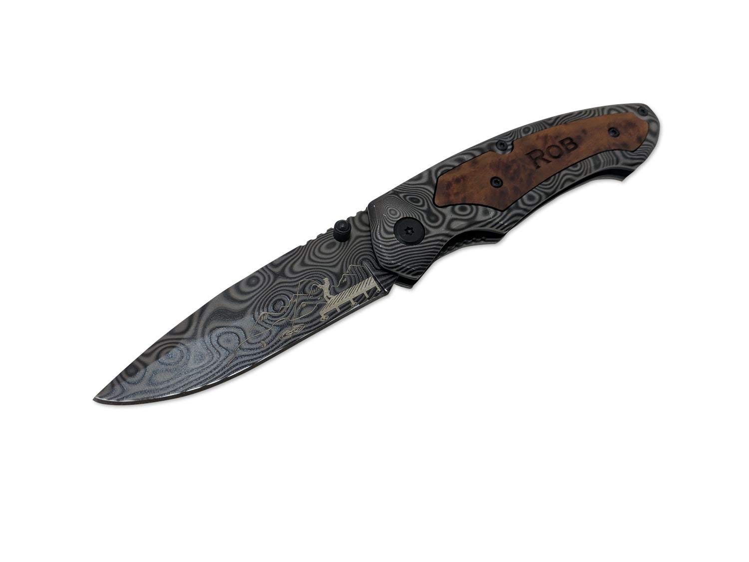 Personalized Engraved Wooden Pocket Knife - Premium Fisherman Gift with Filigree Design | Perfect for Outdoor Adventures, Camping & Survival Gear