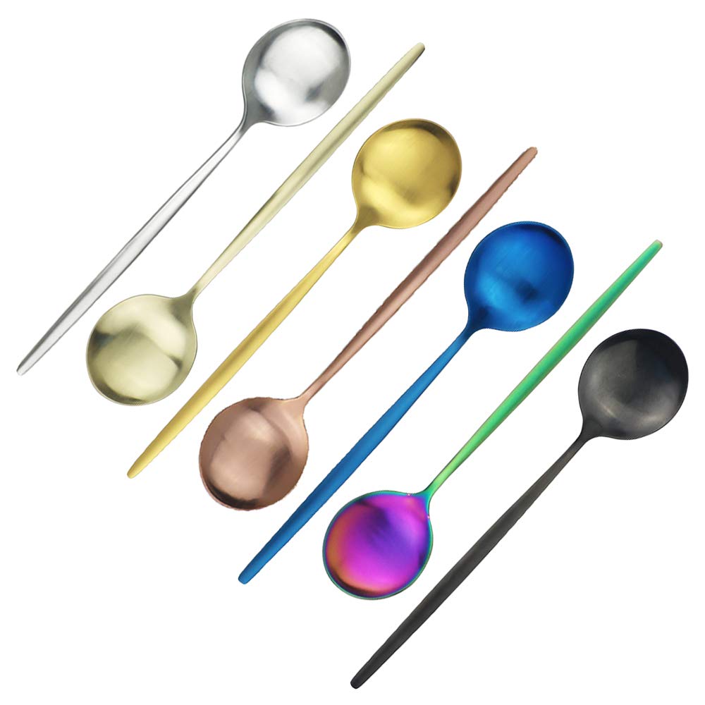 6Pcs Matte Rainbow Colored Stainless Steel Dinner Spoons Set - Long Handle Soup, Dessert, Rice & Porridge Spoons (8.26