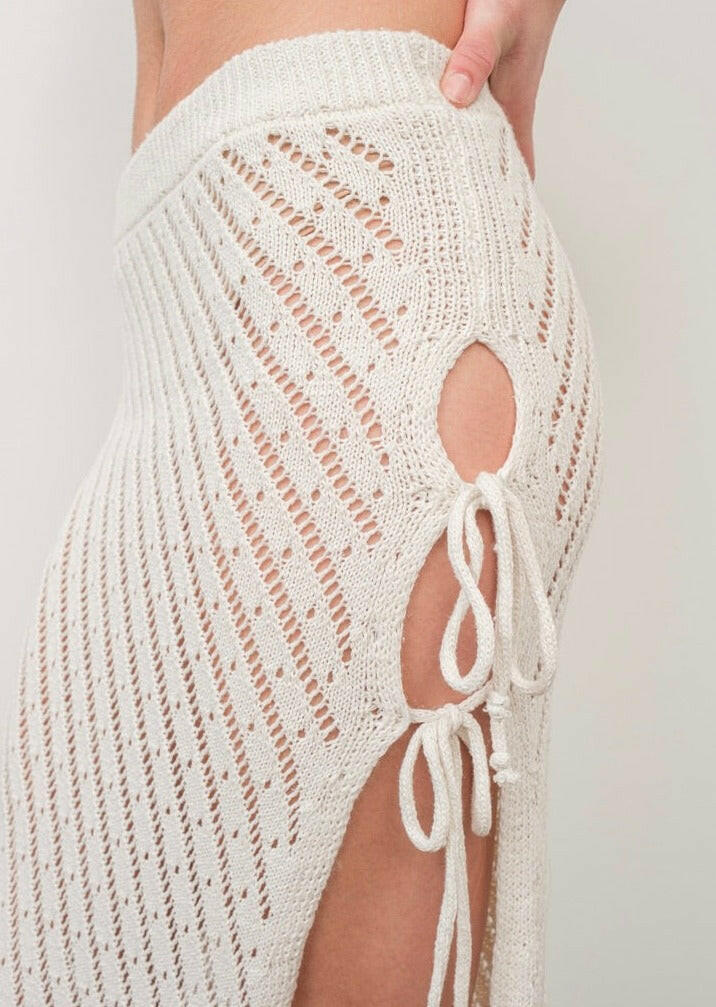 Handmade Crochet Maxi Skirt with Adjustable Side Ties - Off White Boho Beach Skirt for Summer Vacations & Music Festivals