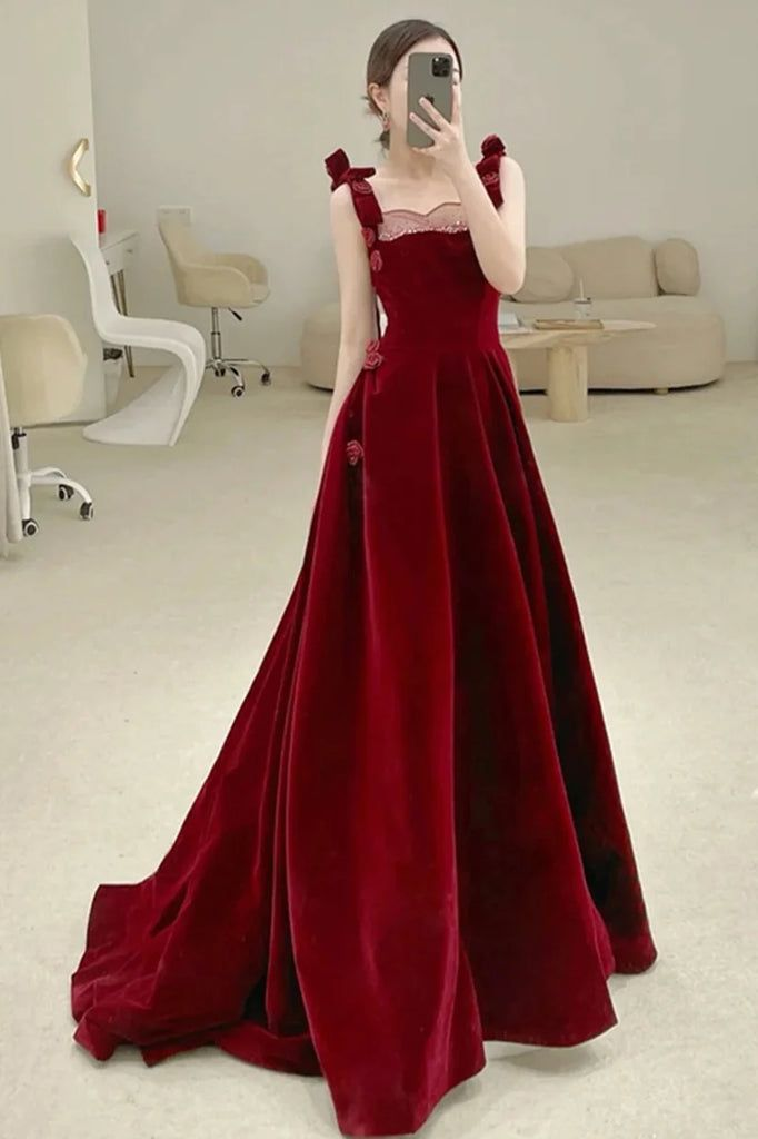 Elegant Burgundy Velvet Long Prom Dress for Women - Formal Evening Gown J4467 | Perfect for Homecoming, Ball, Wedding & Special Occasions