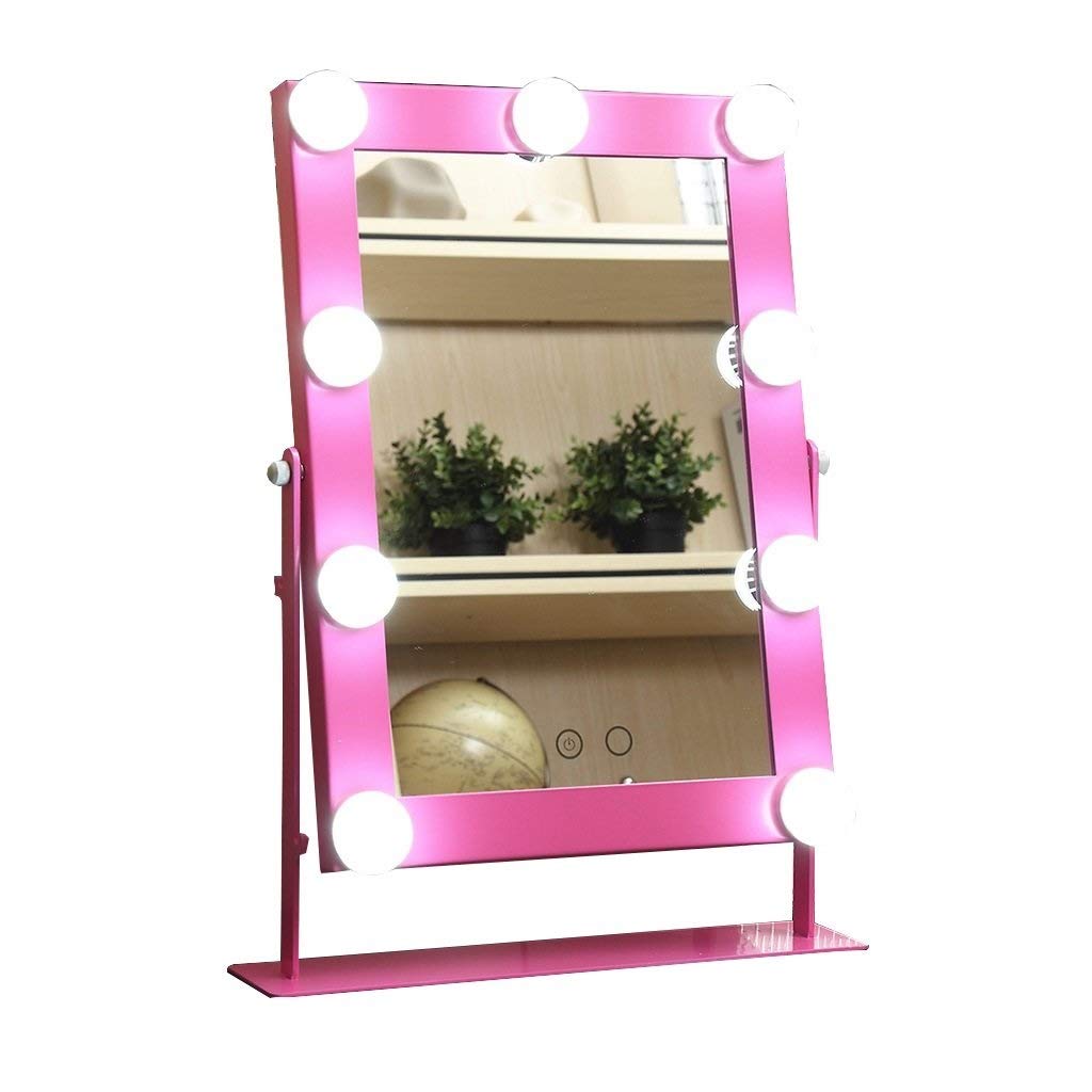 Modern Retro LED Vanity Mirror with Touch Dimming - Large Square Folding Makeup Mirror with Bulb Lights, Pink - Perfect for Dressing Table, Bedroom, and Makeup Application