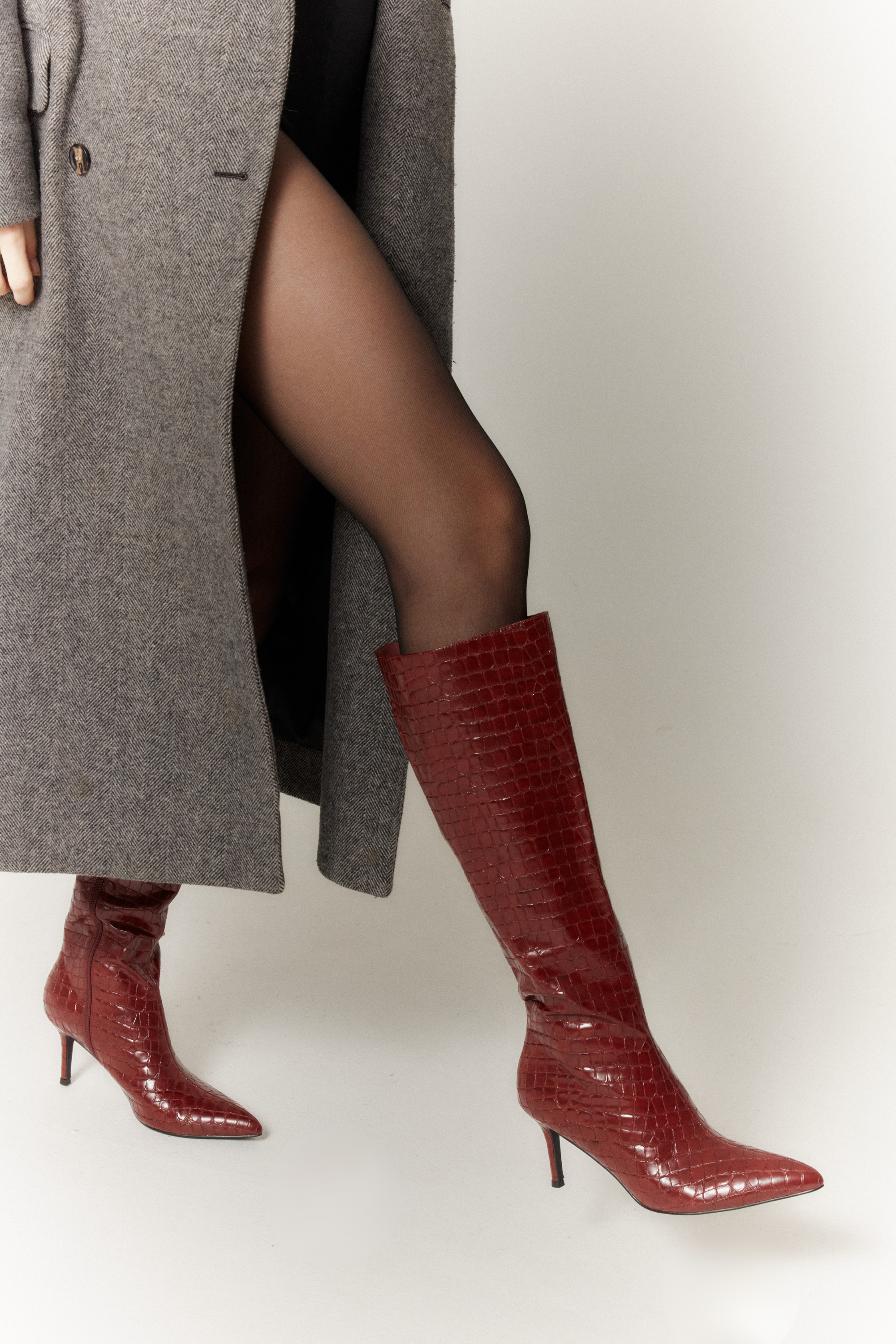 Bessie Women's Knee High Tall Boots in Wine Croc Embossed Leather - Stylish Winter & Fall Fashion for Casual Outfits and Office Wear