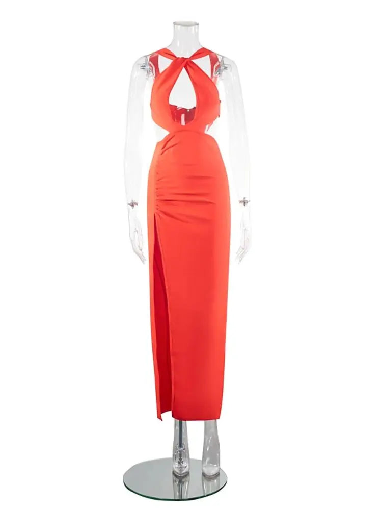 Sexy Red Sleeveless Open Back Bandage Dress for Women - Summer Hollow High Split Party Dress - Elegant Celebrity Style for Club Nights, Date Nights & Special Occasions