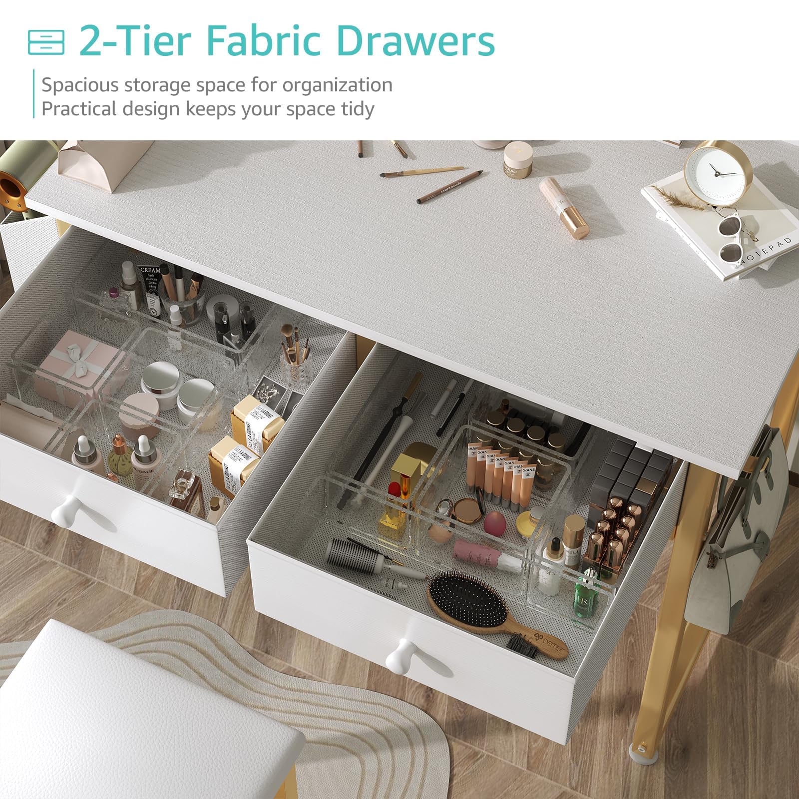 Modern White Kids Makeup Vanity Desk Set with Chair & Fabric Drawers - No Mirror, Power Outlet Included - Perfect Dressing Table for Girls' Bedroom & Playroom