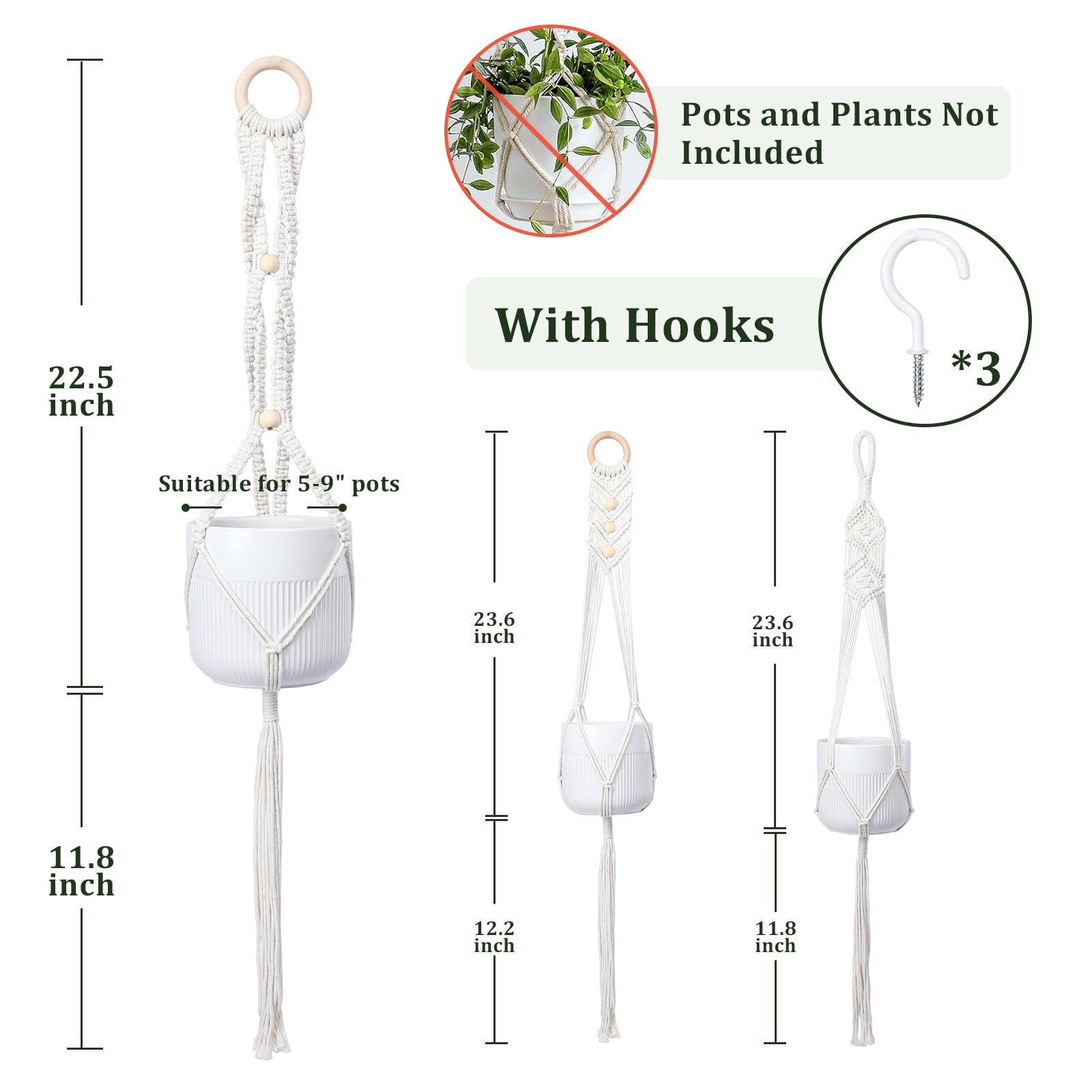 3-Pack Macrame Plant Hangers for Indoor & Outdoor Plants - Bohemian Style Wall Hanging Planter with Wood Bead Decor - Perfect for Home, Office, Balcony & Garden Decor (Pots Not Included)