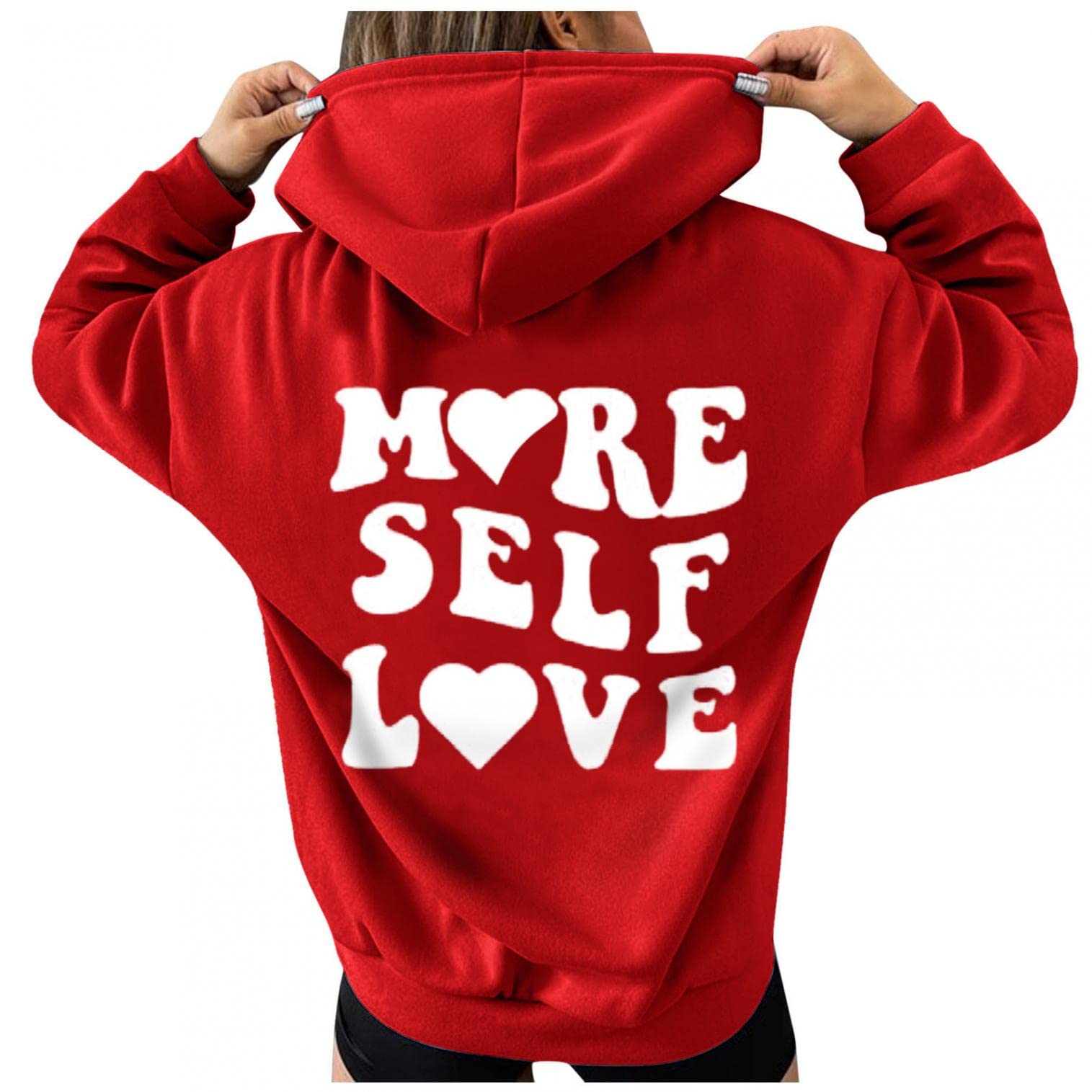 Women's Long Sleeve Hoodie - More Self Love Back Print Pullover Sweatshirt | Loose Fit Casual Blouse for Women & Girls | Perfect for Fall Fashion, Gym Wear & Cozy Loungewear