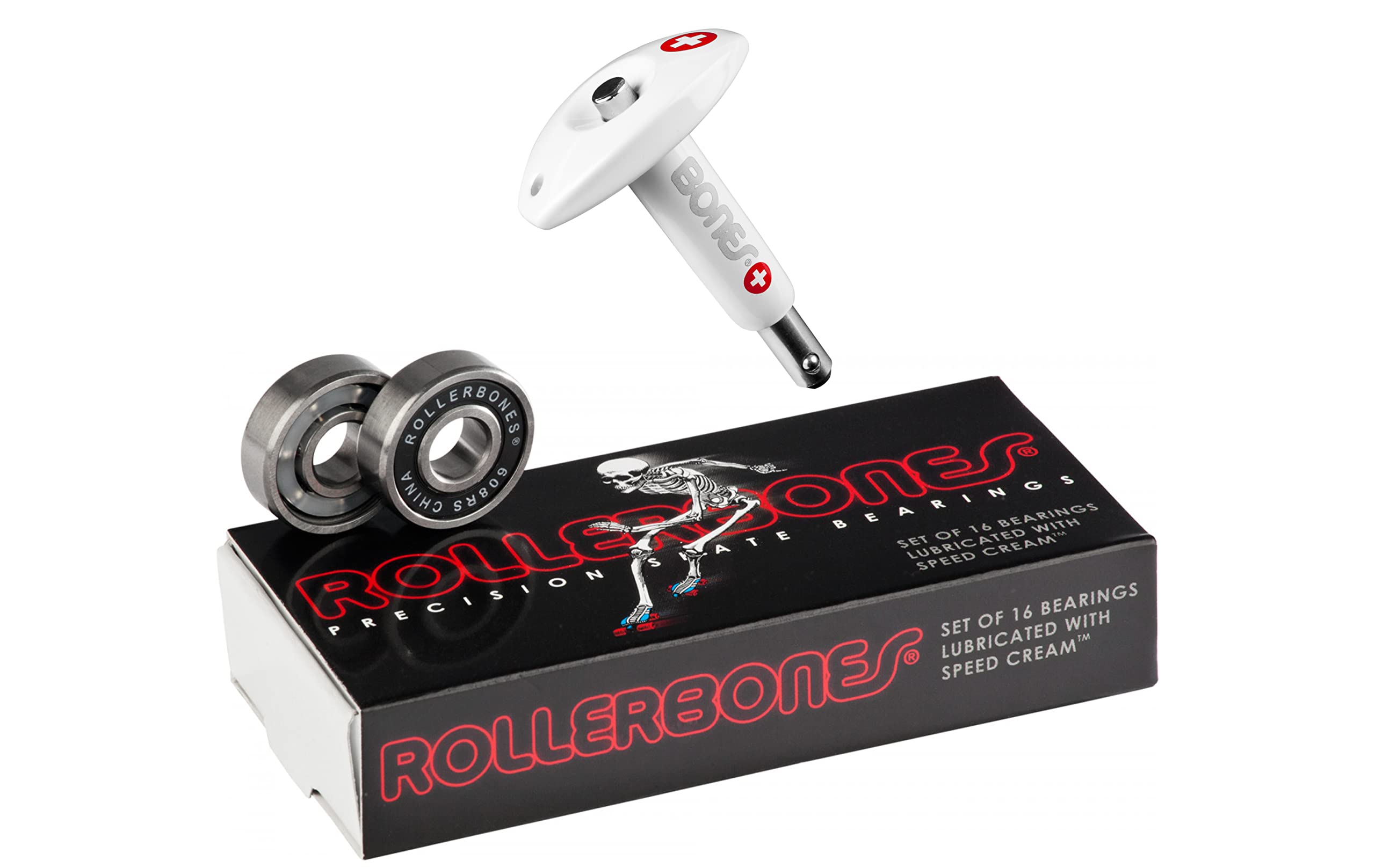 Rollerbones Premium Skateboard Bearings - 16 Pack with Bones Swiss Bearing Press/Puller Tool Kit - High Speed ABEC 7 Bearings for Skateboards, Longboards & Roller Skates - Perfect for Street Skating, Park Riding & Derby Racing