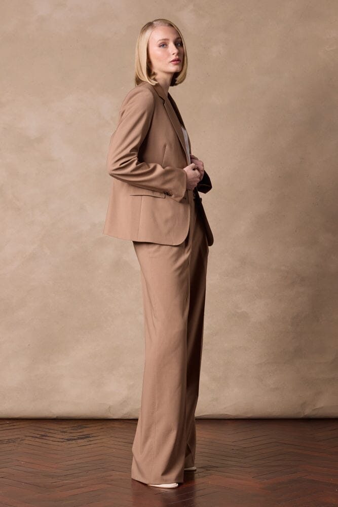Lily & Emma Women's Camel Wool Suit - Elegant Business Blazer & Pants Set for Office, Meetings & Formal Events