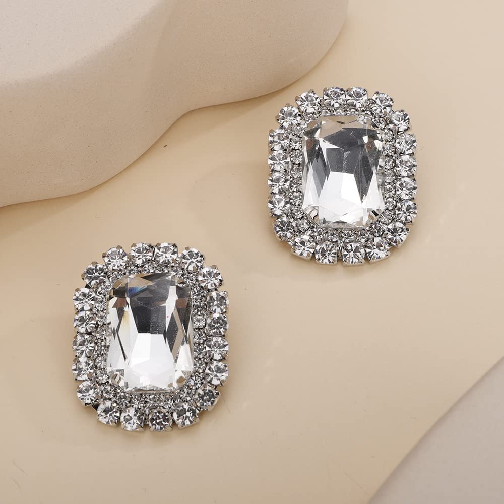 Denifery Square Crystal Rhinestone Stud Earrings for Women - Sparkling Dangle Drop Earrings in Silver - Perfect for Prom, Wedding, Party & Evening Events