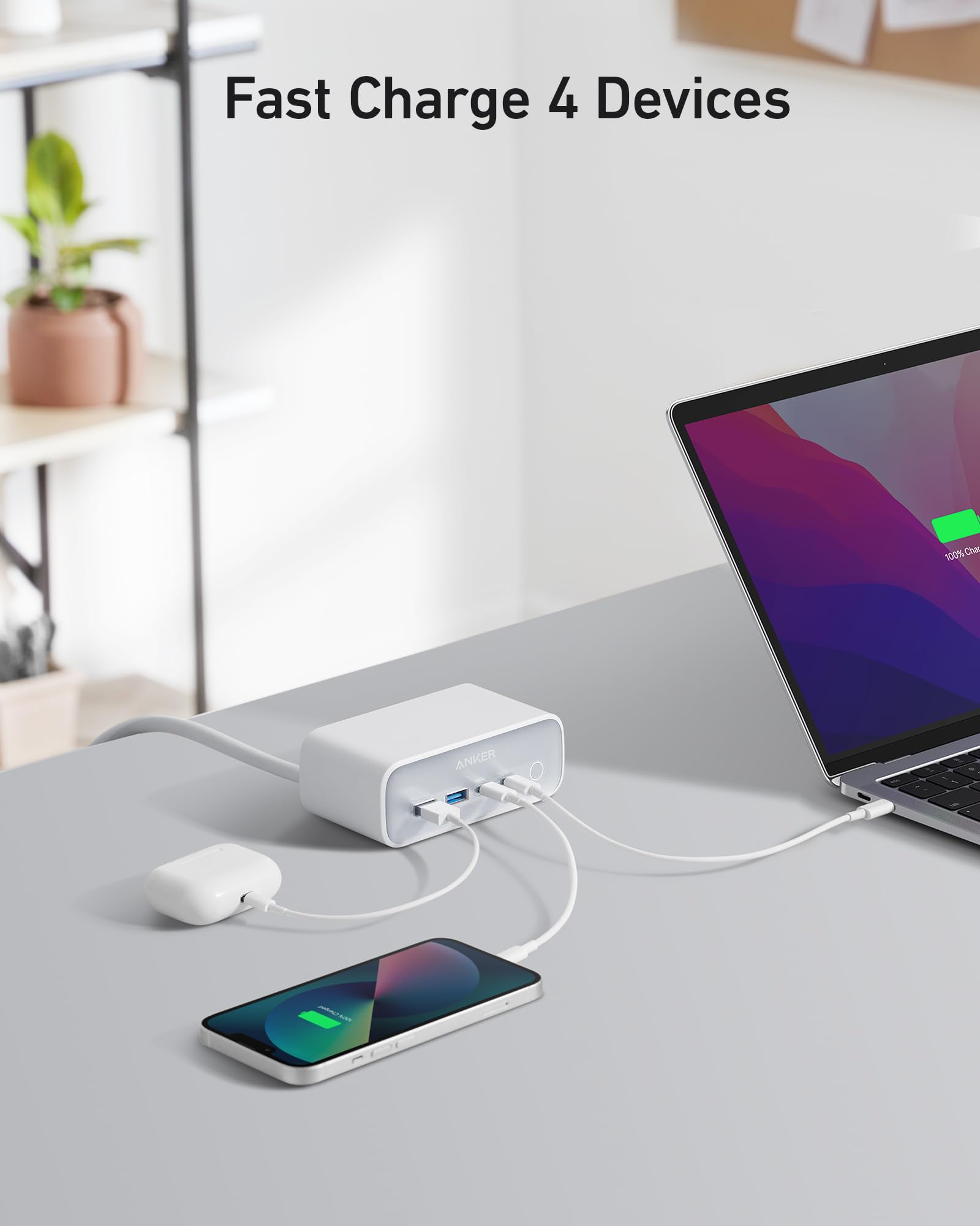 Anker 525 7-in-1 USB C Charging Station with 5ft Extension Cord - 65W Power Delivery for iPhone 13/14, MacBook Pro - 3 AC Outlets & 4 USB Ports (2 USB-A, 2 USB-C) - Compact Power Strip for Home, Office & Travel (Aurora White)