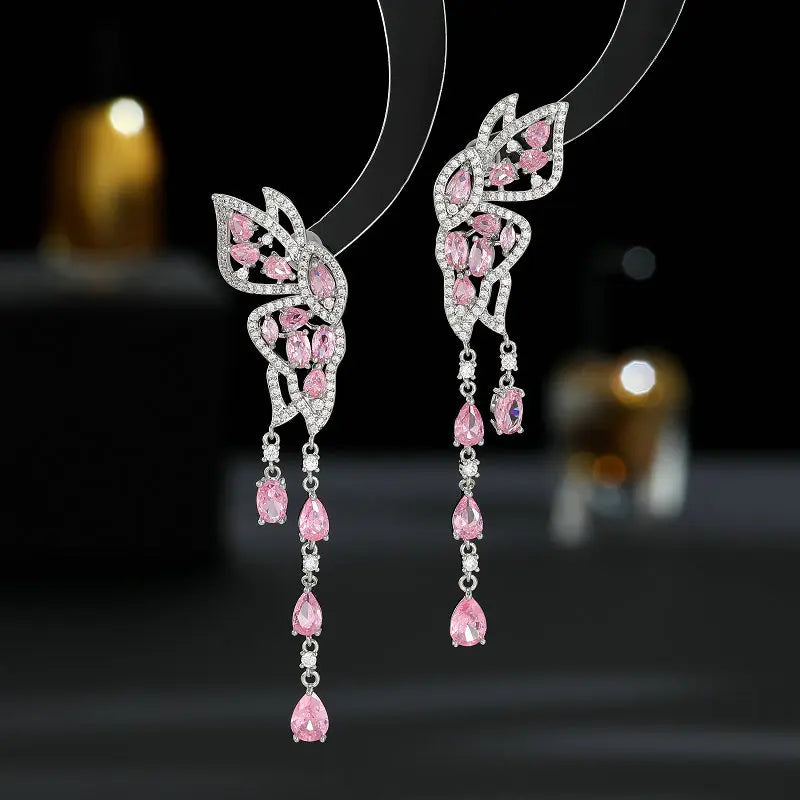 Sparkling Cubic Zirconia Butterfly Water Drop Tassel Earrings for Women - Elegant Bridal Wedding Jewelry Accessories - Perfect for Evening Parties, Prom & Special Occasions