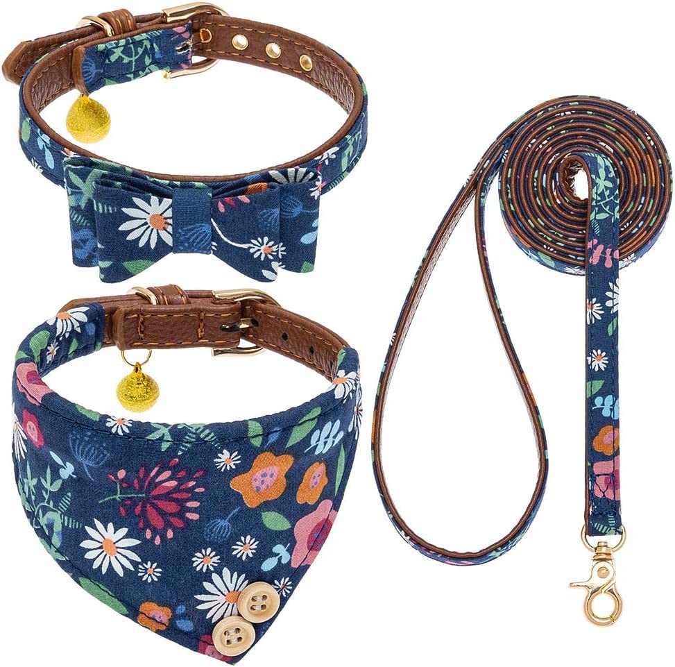 EXPAWLORER Adjustable Dog Collar & Leash Set with Plaid Bow Tie, Bandana & Bell - Tangle-Free Pet Leash for Small Medium Large Dogs & Cats - Perfect for Holidays, Walks & Gifting