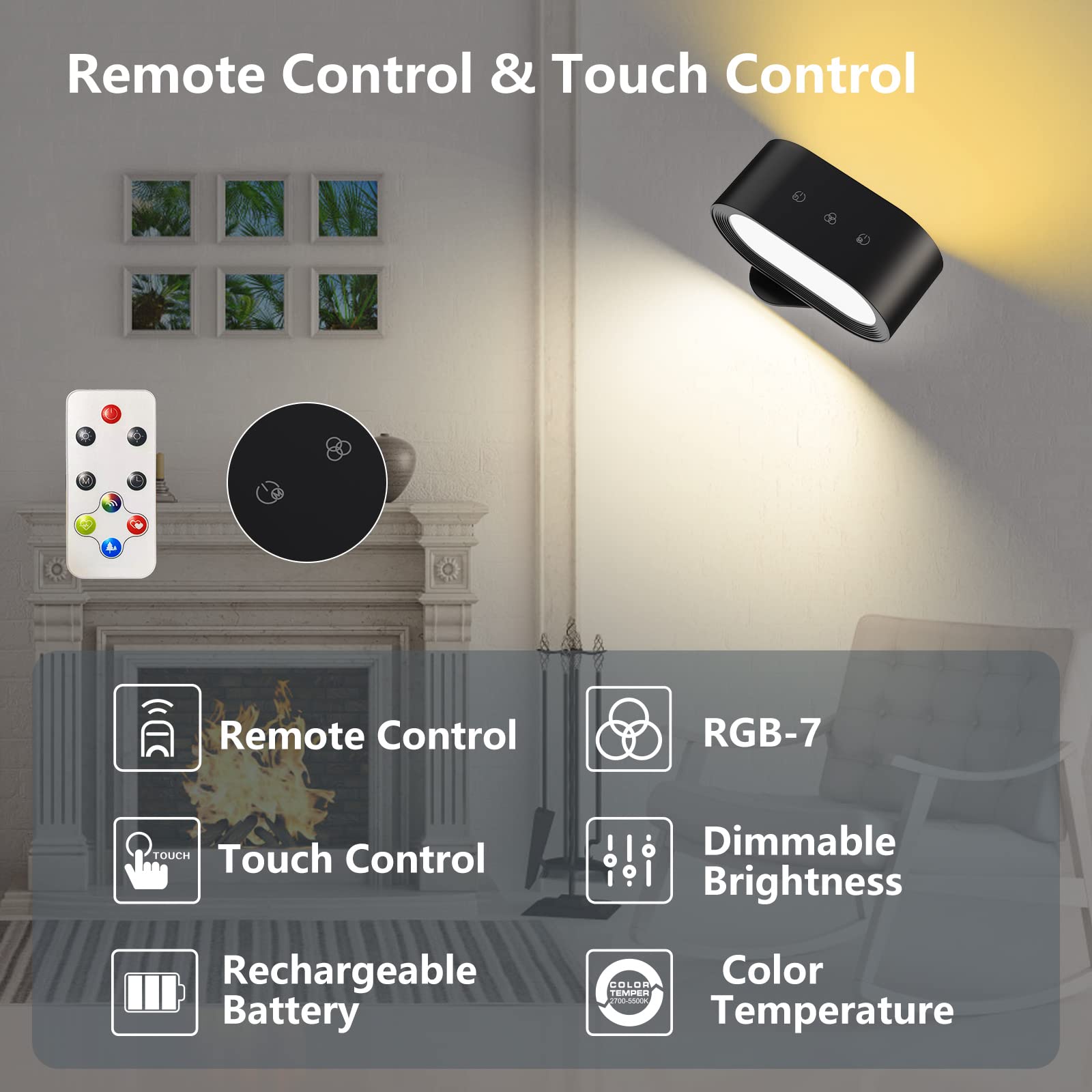 Battery Operated Wall Sconces - RGB Color Changing LED Wall Lights with 3 Temperature Settings, Dimmable Rechargeable Ambient Lighting for Bedroom, Living Room, and Reading Nook Decor