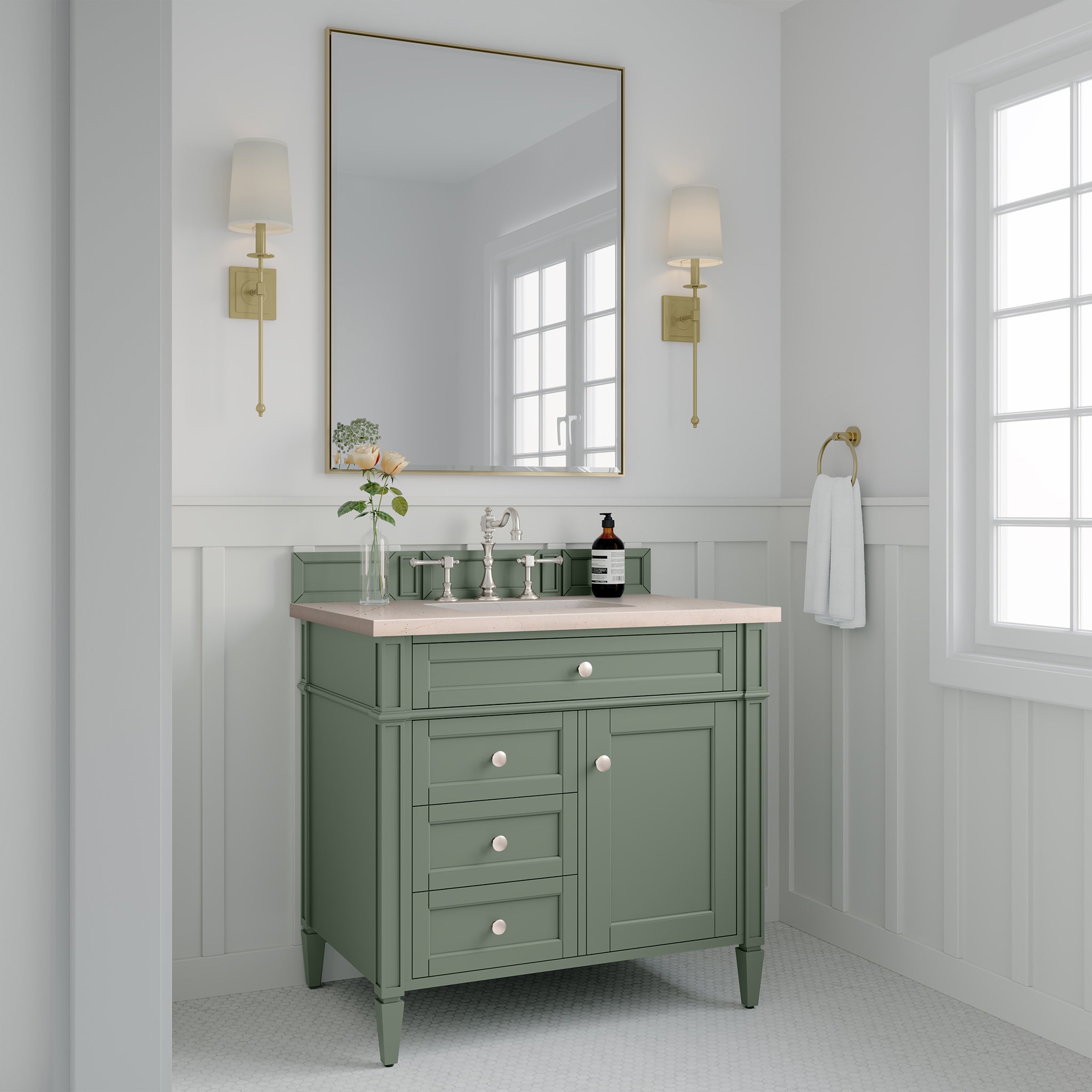 Brittany 36 Inch Single Bathroom Vanity with Smokey Celadon Finish & 3CM Eternal Marfil Stone Top - Perfect for Modern Master Bathrooms and Powder Rooms