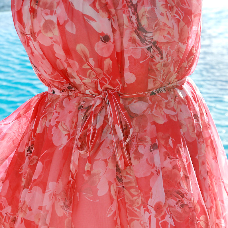 Elegant Plus Size Red Floral Maxi Beach Dress with Adjustable Belt - Perfect for Summer Vacations, Pool Parties & Boho Outfits