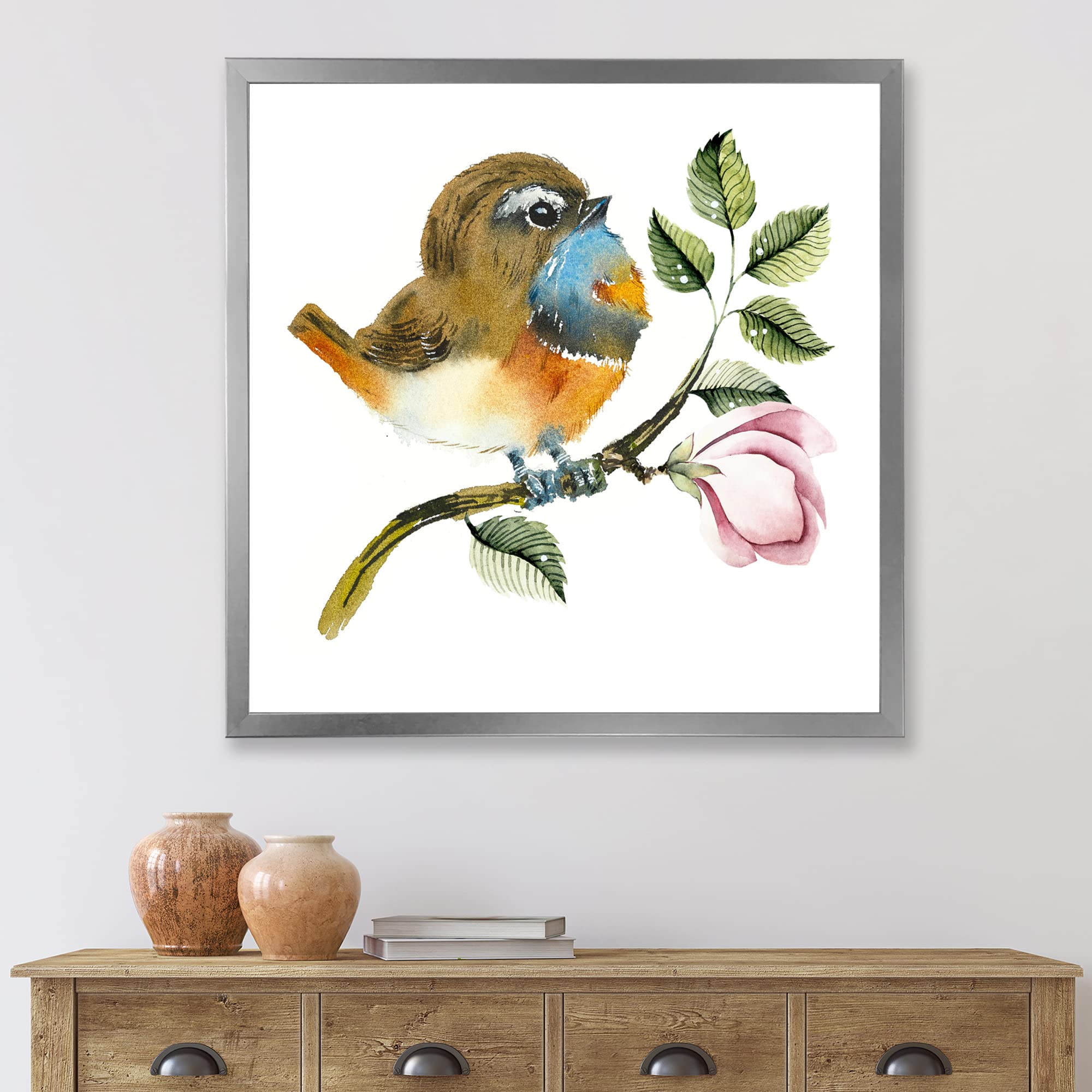 DesignQ Traditional Framed Wall Art - Blue Throat Bird on Branch Painting - Home & Office Decor for Living Room, Bedroom, Study