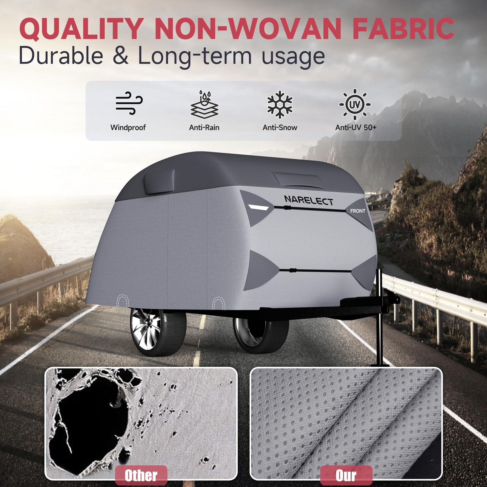 Heavy Duty 8'-10' Teardrop Travel Trailer Cover - 7-Layer Waterproof RV Camper Cover with Windproof Straps | Fits R-Pod & Clamshell Trailers | Perfect for Outdoor Camping, Winter Storage & Travel Protection