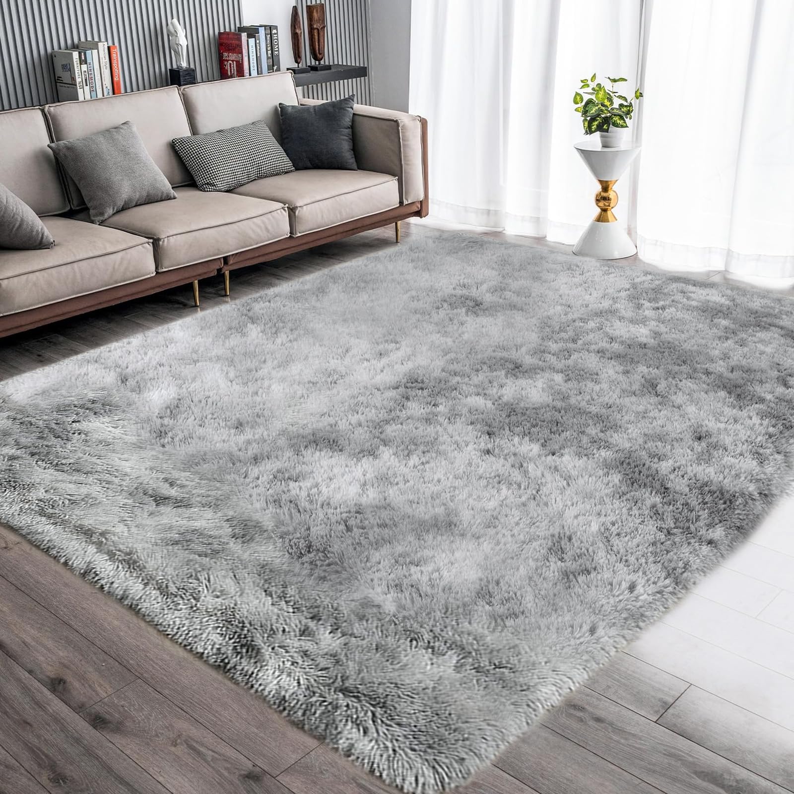 Soft and Fluffy Shaggy Rug for Living Room and Bedroom - Modern Grey White Faux Fur Carpet 47x63 Inch - Cozy Home Decor for Lounge, Nursery, and Dorm Room