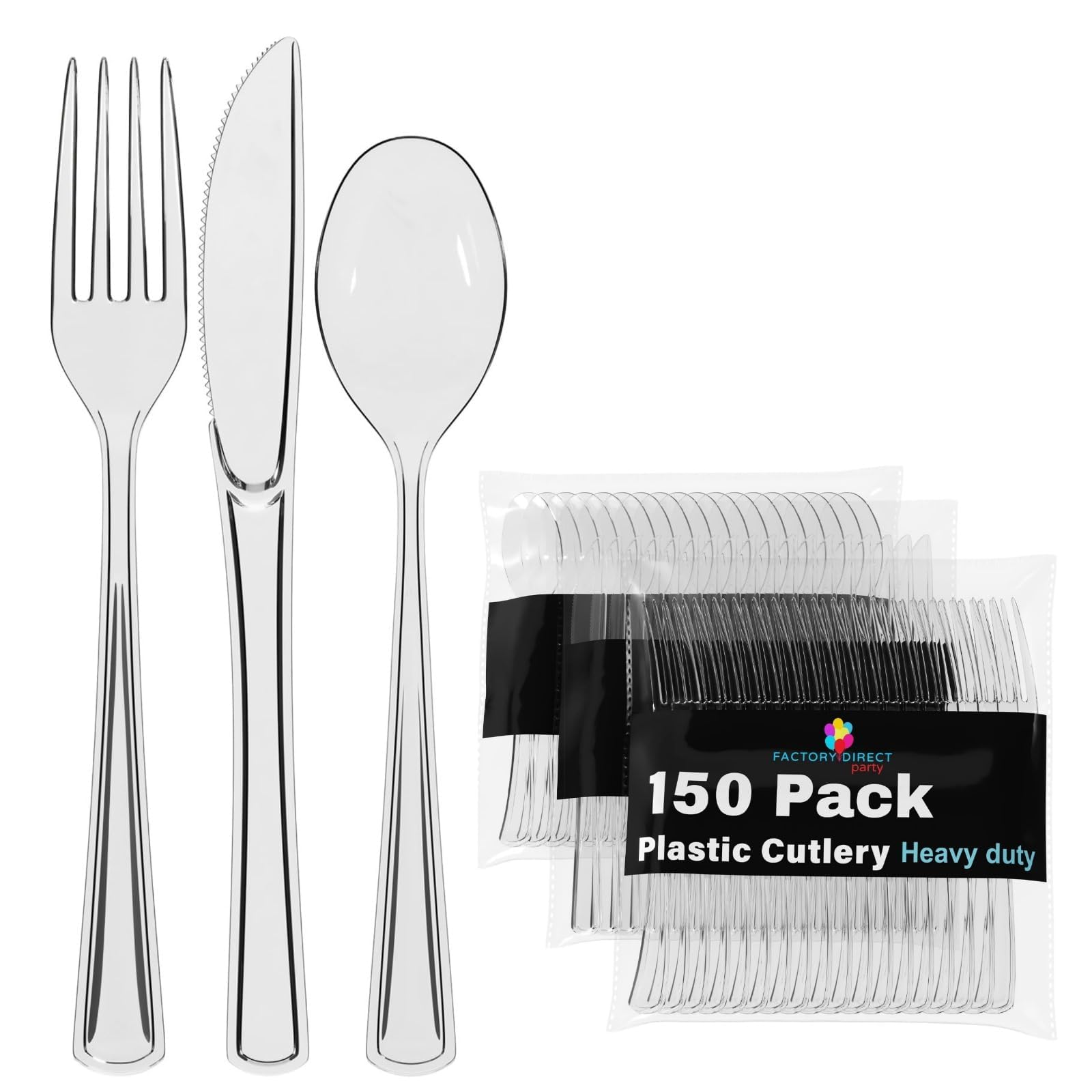 150-Piece Heavy Duty Clear Plastic Cutlery Set - Disposable Forks, Knives & Spoons (50 Each) - Durable Party Flatware for Weddings, Picnics & Catering Events