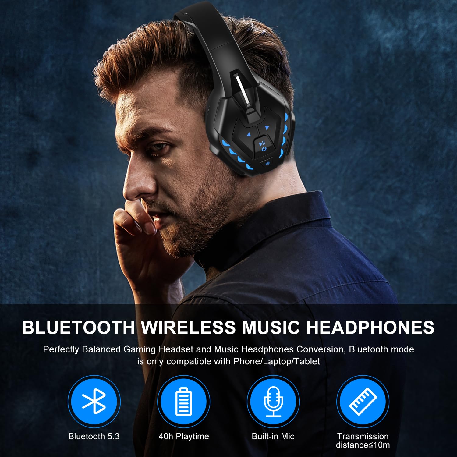 PHOINIKAS Wireless Gaming Headset with Detachable Noise Cancelling Microphone, Bluetooth 5.3 for Mobile Phones, 3.5mm Audio Cable for PS4/PS5/Xbox One/PC/Nintendo Switch, 40-Hour Battery Life, LED Lights - Perfect for Online Gaming, Streaming & Remote Work