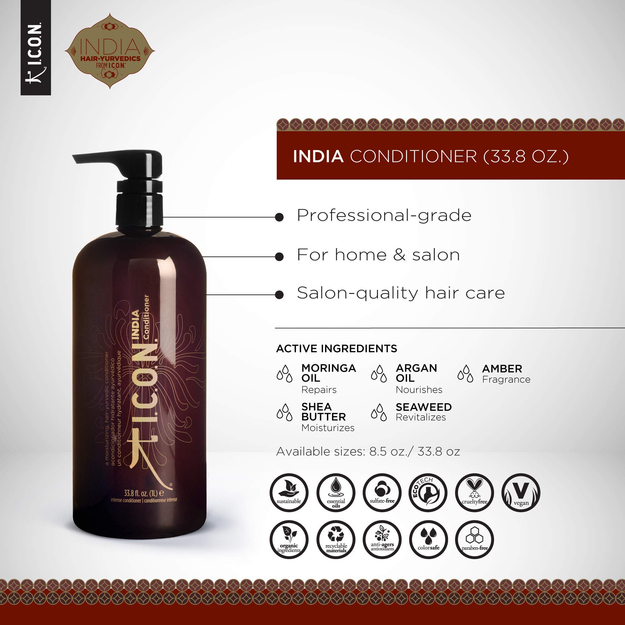 K I.C.O.N. India Conditioner - Salon Professional Nourishing & Strengthening Hair Treatment for Damaged Hair (33.8 oz) - Perfect for Dry, Frizzy & Color-Treated Hair at Home or Salon Use