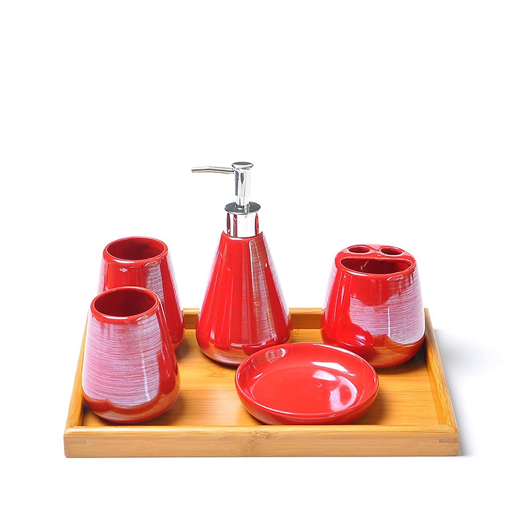 6-Piece Ceramic Bathroom Accessories Set - Soap Dispenser, Lotion Dispenser, Toothbrush Holder, Soap Dish, Mouthwash Cups & Tray | Modern Red Bathroom Organizer for Countertop, Vanity & Guest Bath Decor