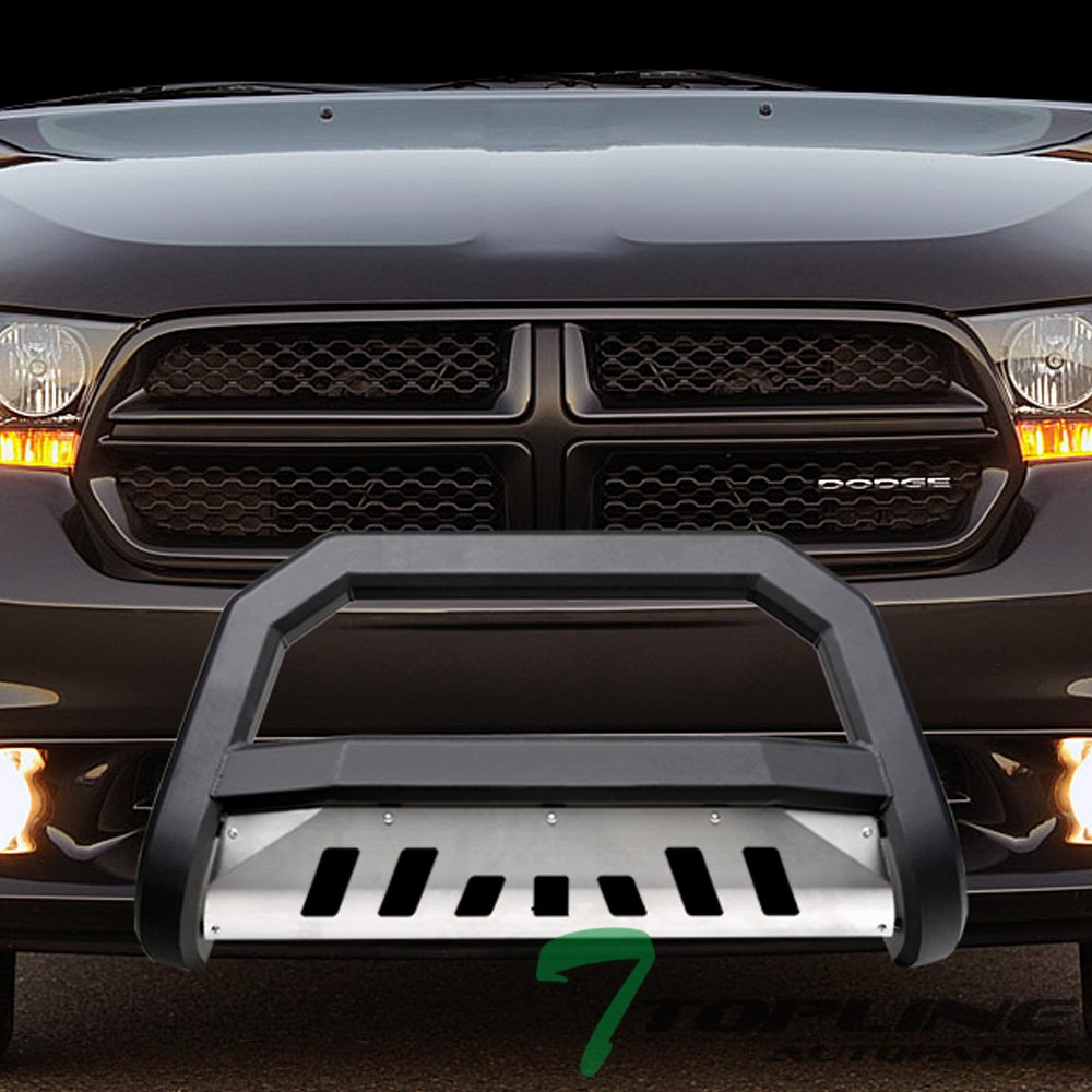 2011-2013 Dodge Durango & 2011-2015 Jeep Grand Cherokee Matte Black AVT Style Bull Bar with Stainless Steel Skid Plate - Heavy Duty Front Grille Guard for Off-Road Protection & Truck Accessories