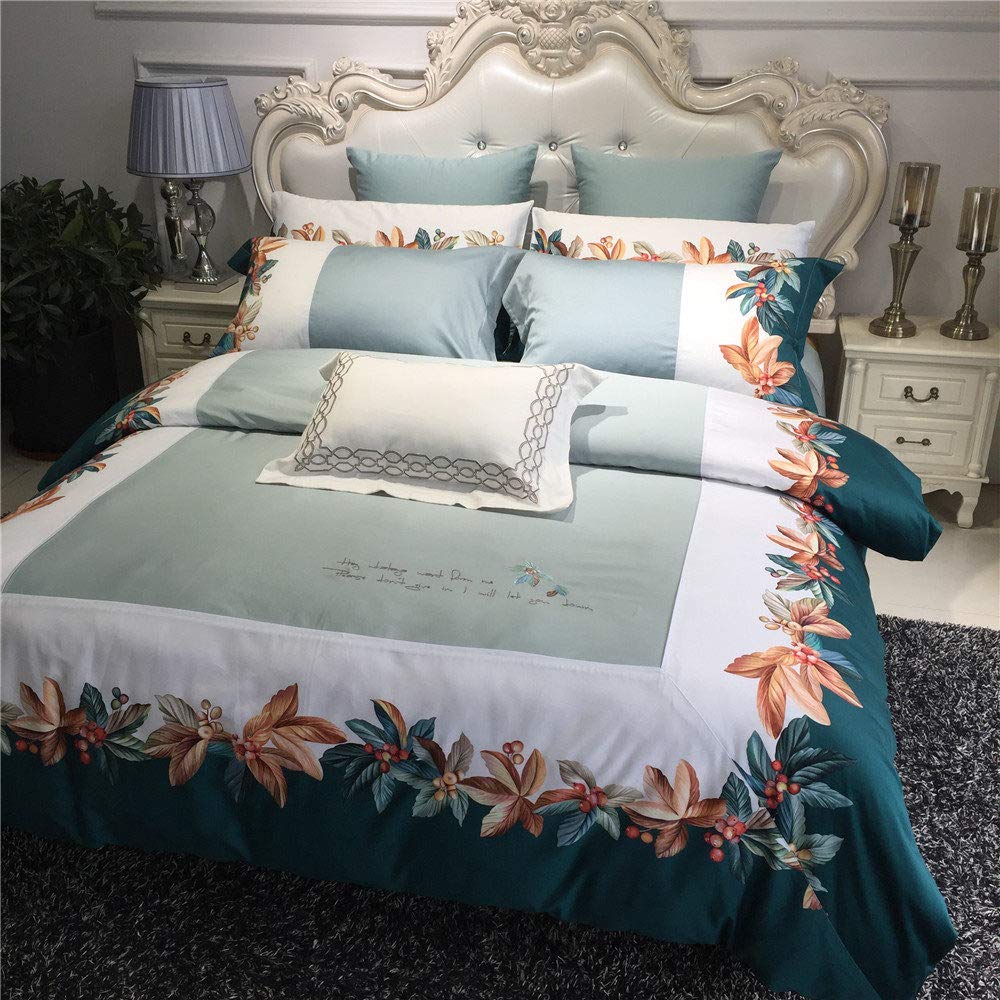 KTUCN 100% Cotton Sateen Duvet Cover Set King Size - 4 Piece Luxury Bedding Set with Leaf Pattern, Includes Flat Sheet & Pillowcases | Soft Breathable Bed Sheets for Master Bedroom, Guest Room & Hotel Use