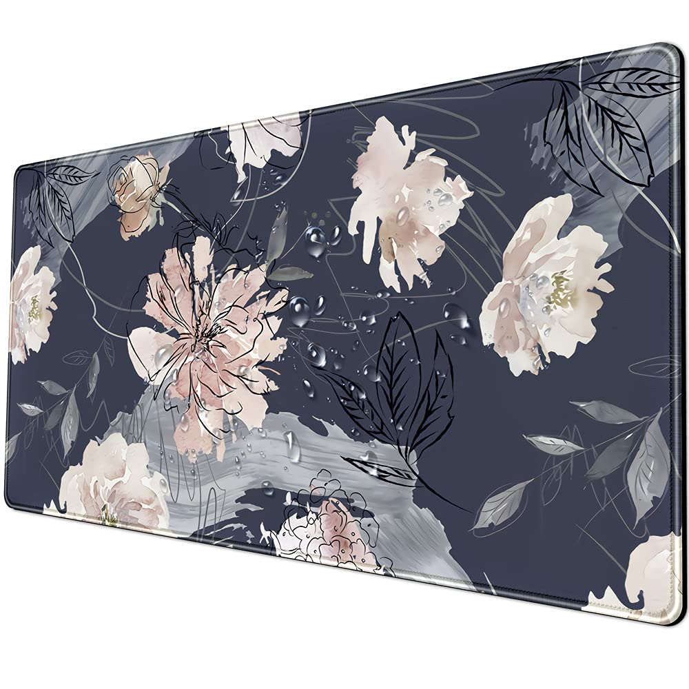 XL Gaming Mouse Pad (31.5x15.7 Inch) - Large Non-Slip Base with Stitched Edges, Waterproof Keyboard Mouse Mat Desk Pad for Work & Gaming - Blue Grey Pink White Peony Design - Perfect for Office, Home & Esports Setup