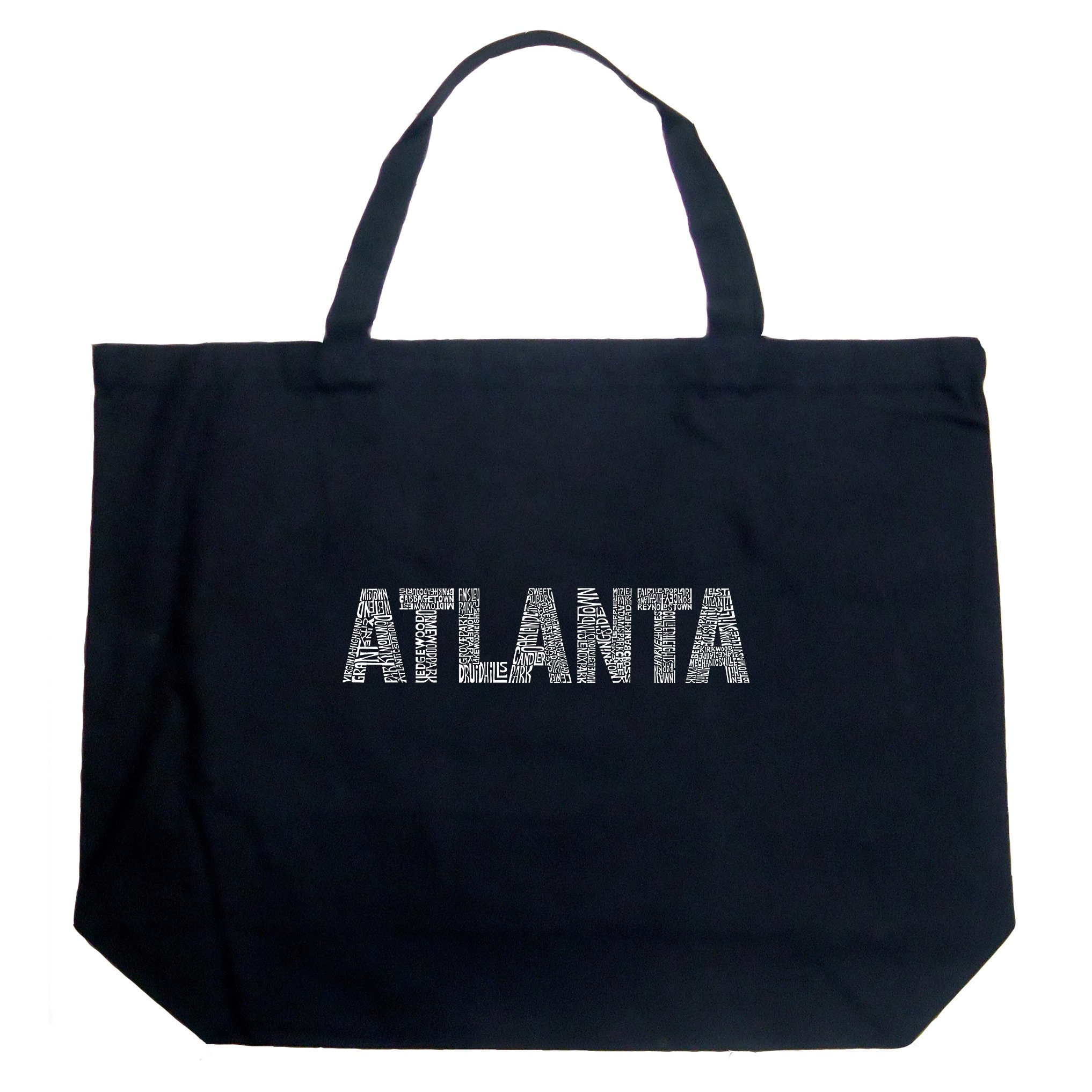 LA POP ART Atlanta Neighborhoods Word Art Large Black Tote Bag - Stylish & Spacious Shopper for Travel, Beach & Everyday Use